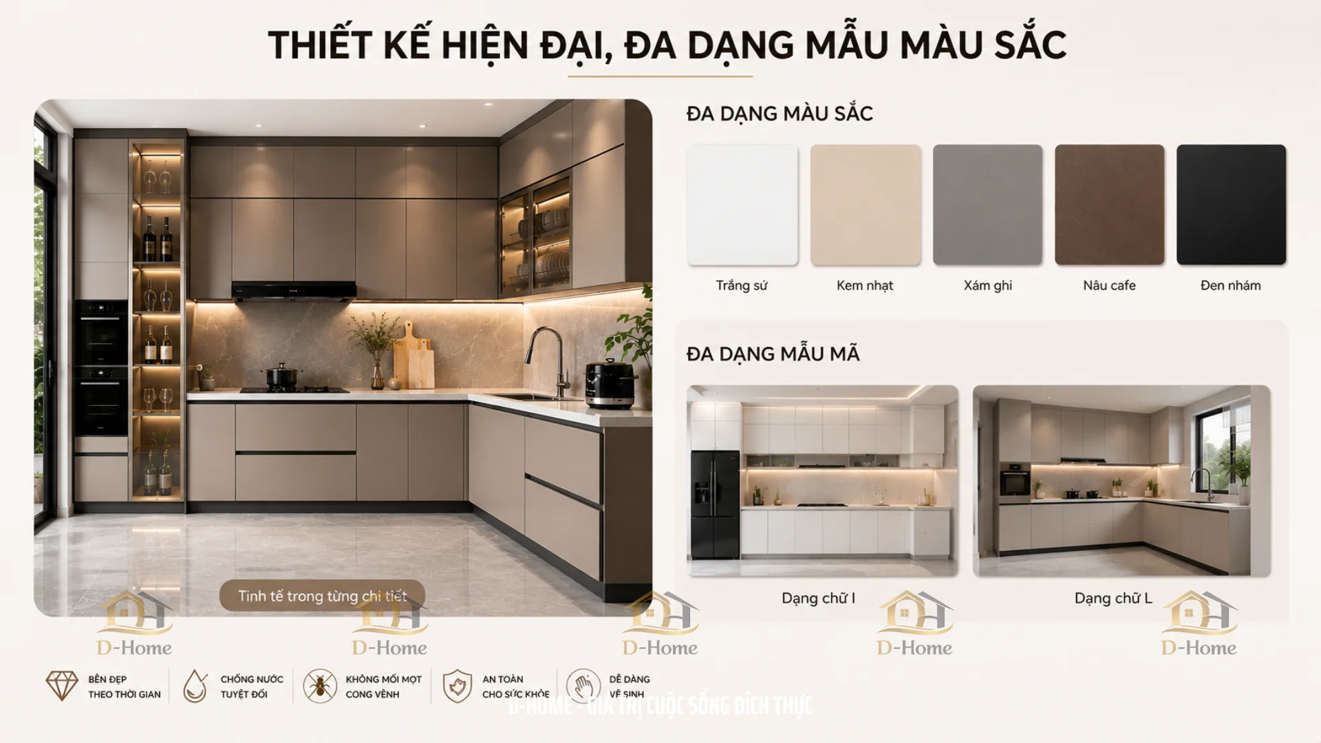 mẫu tủ bếp nhôm đẹp được thiết kế với nhiều kiểu dáng như tủ bếp chữ I, chữ L, chữ U hoặc tủ bếp có đảo bếp, đáp ứng đa dạng nhu cầu sử dụng