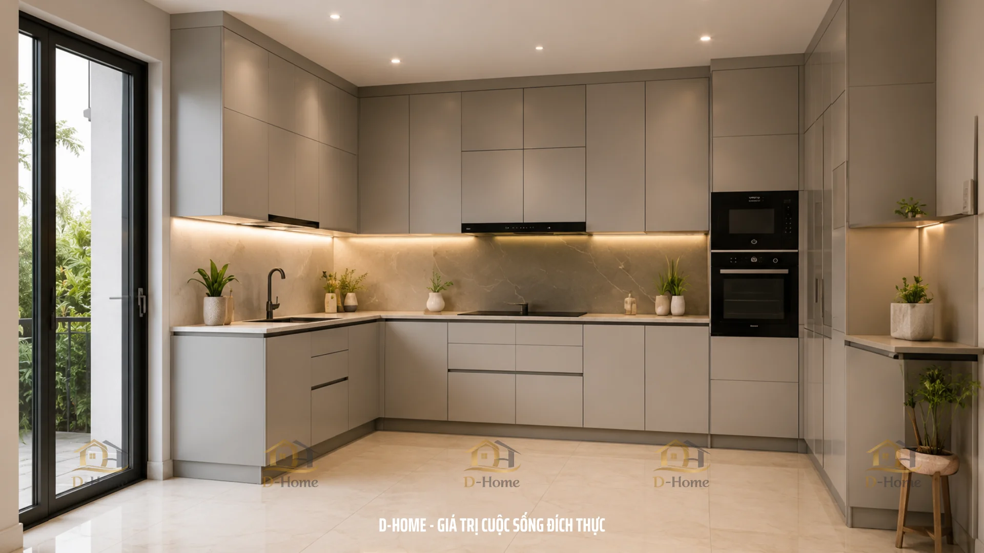 Tủ bếp được trang bị bản lề inox giảm chấn, giúp cánh đóng mở nhẹ nhàng, hạn chế va đập và tiếng ồn