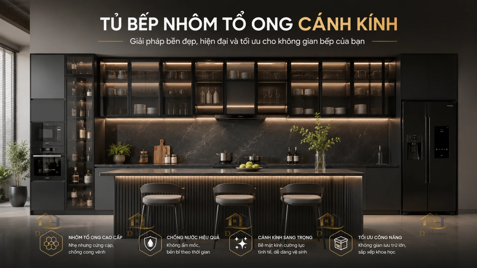 Tủ bếp nhôm tổ ong cánh kính là lựa chọn phù hợp cho những gia đình yêu thích không gian bếp hiện đại