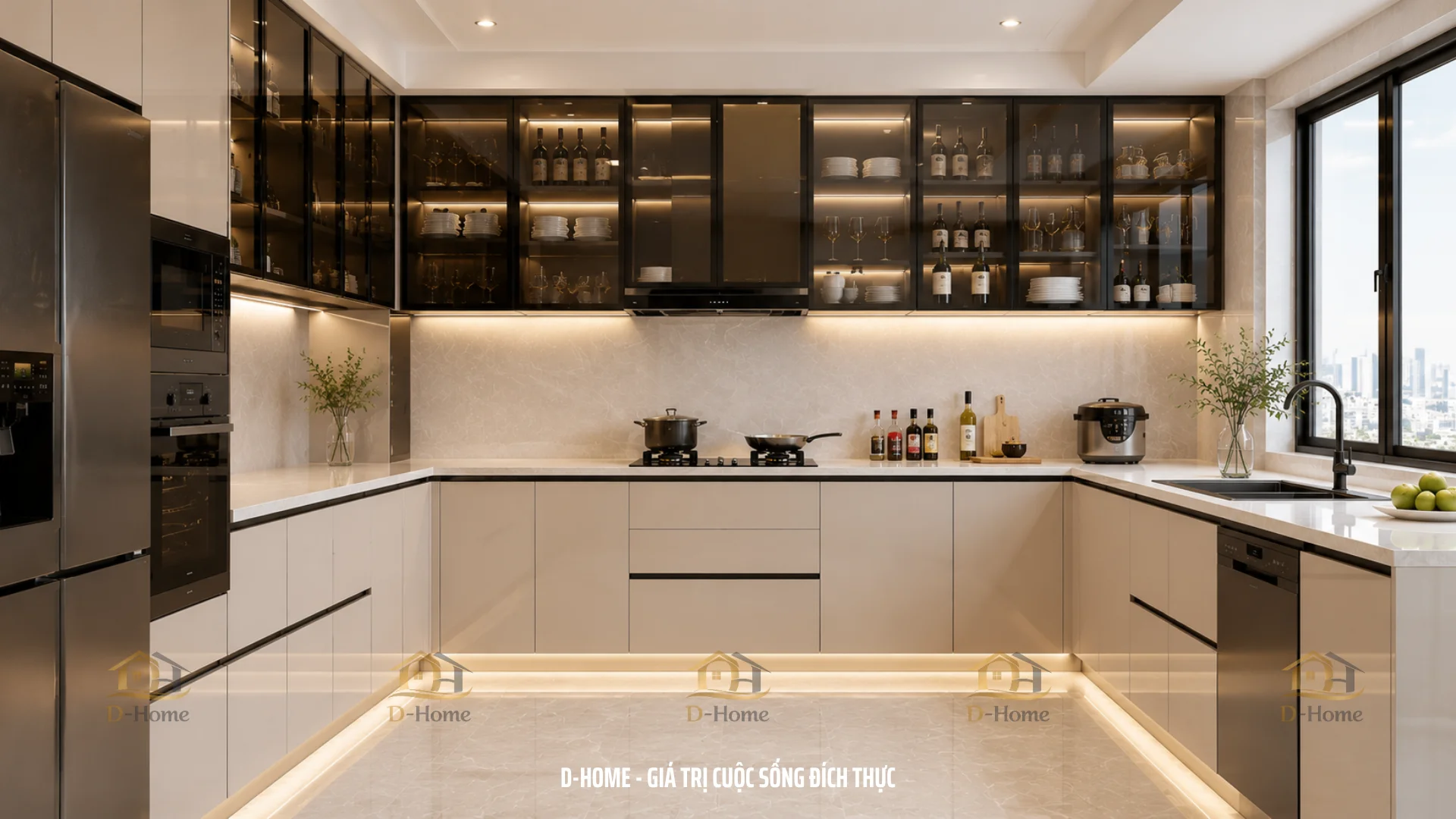 Tủ bếp nhôm tổ ong cánh kính bền đẹp chống mối mọt - Báo giá