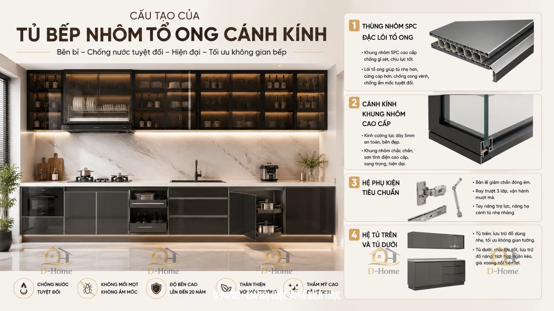 Cấu tạo của tủ bếp bằng nhôm tổ ong cánh kính