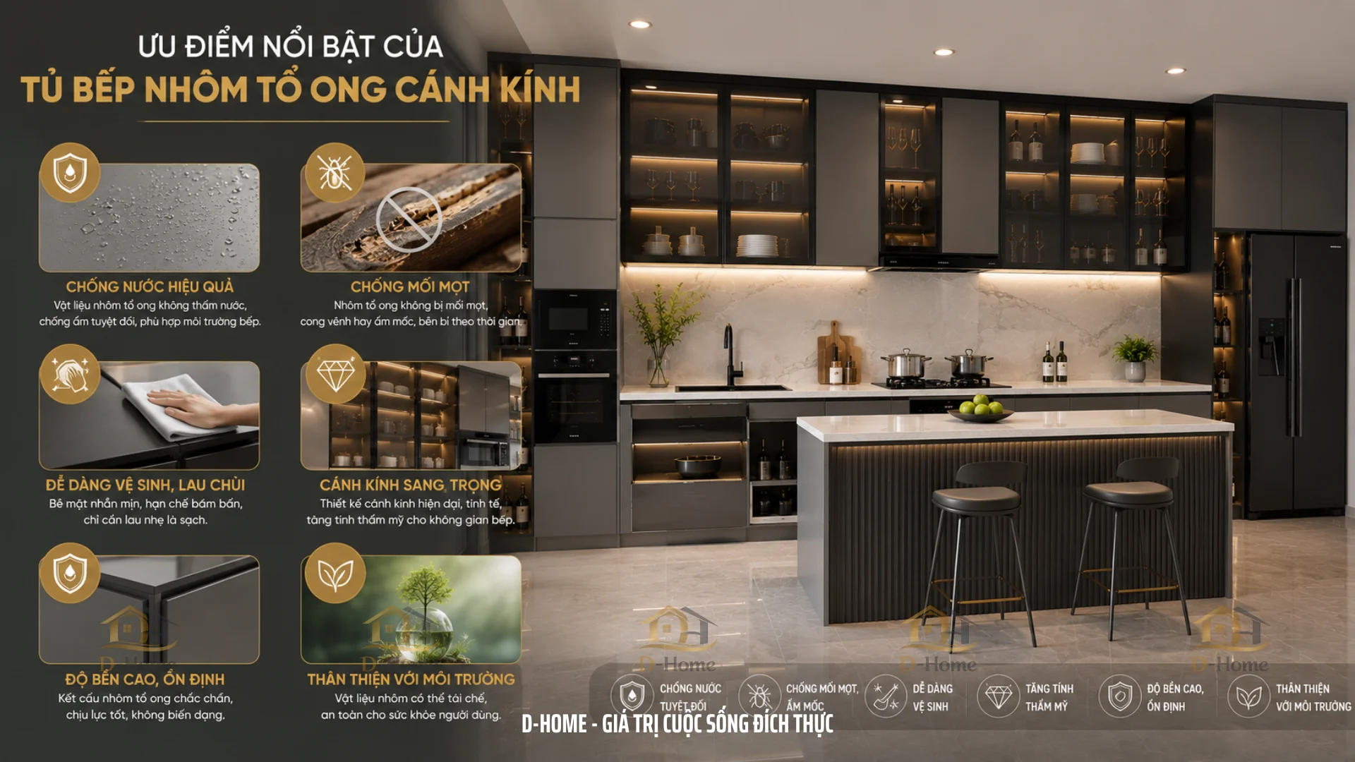 Ưu điểm nổi bật của tủ bếp nhôm tổ ong cánh kính của D-Home