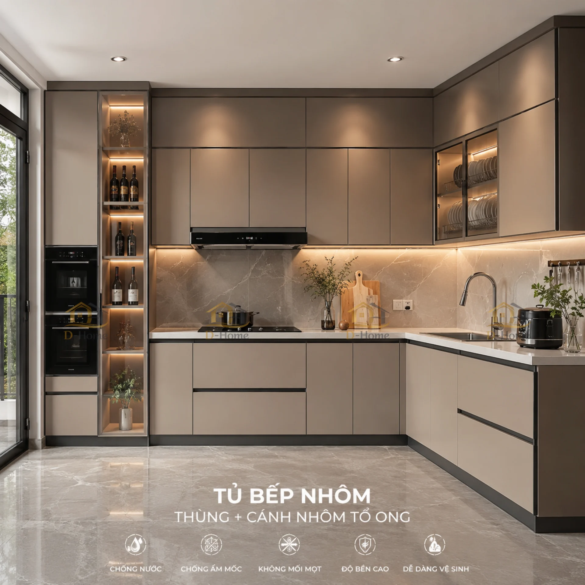 Tủ bếp nhôm tổ ong là dòng tủ bếp nhôm cao cấp được sản xuất từ hệ khung và cánh nhôm kết hợp lõi tổ ong (Honeycomb Core) bên trong