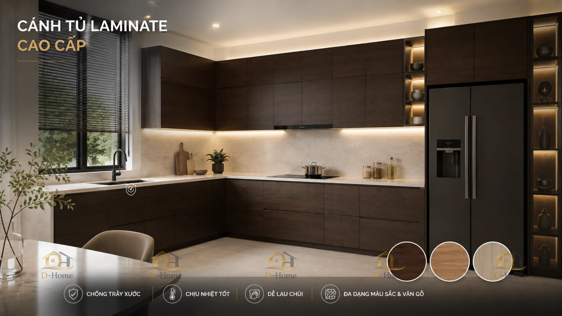 Laminate còn sở hữu hàng trăm màu sắc, vân gỗ, vân đá và bề mặt giả kim loại, giúp khách hàng dễ dàng lựa chọn mẫu tủ bếp phù hợp với phong cách nội thất