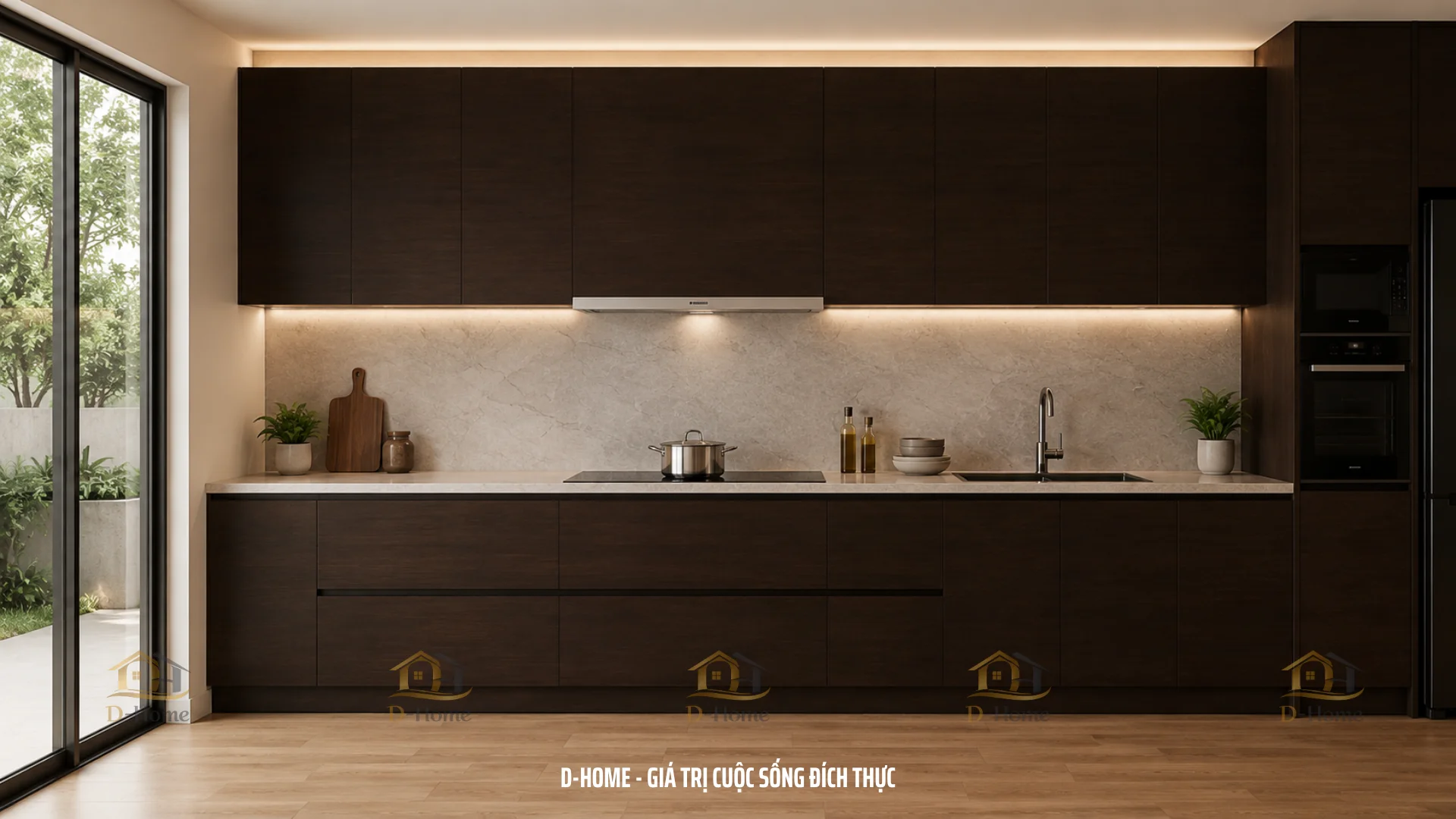 Tủ bếp nhựa PVC lõi than tre cánh Laminate là dòng tủ bếp nhựa cao cấp được cấu tạo từ khung tủ nhựa PVC lõi đen than tre kết hợp cánh dán Laminate HPL