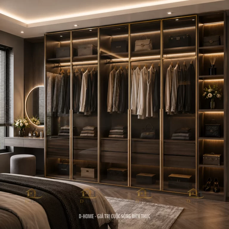 Tủ quần áo cánh kính cường lực xám khói gỗ MDF phủ Melamine