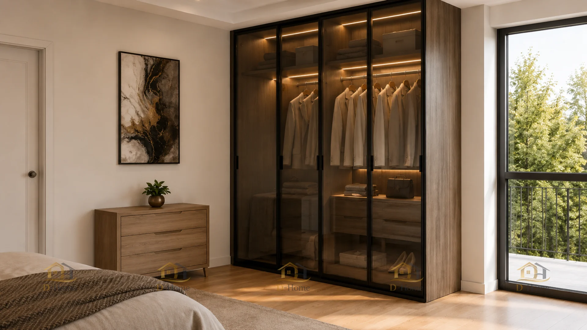 Tủ quần áo cánh kính cường lực gỗ MDF phủ Melamine bền đẹp