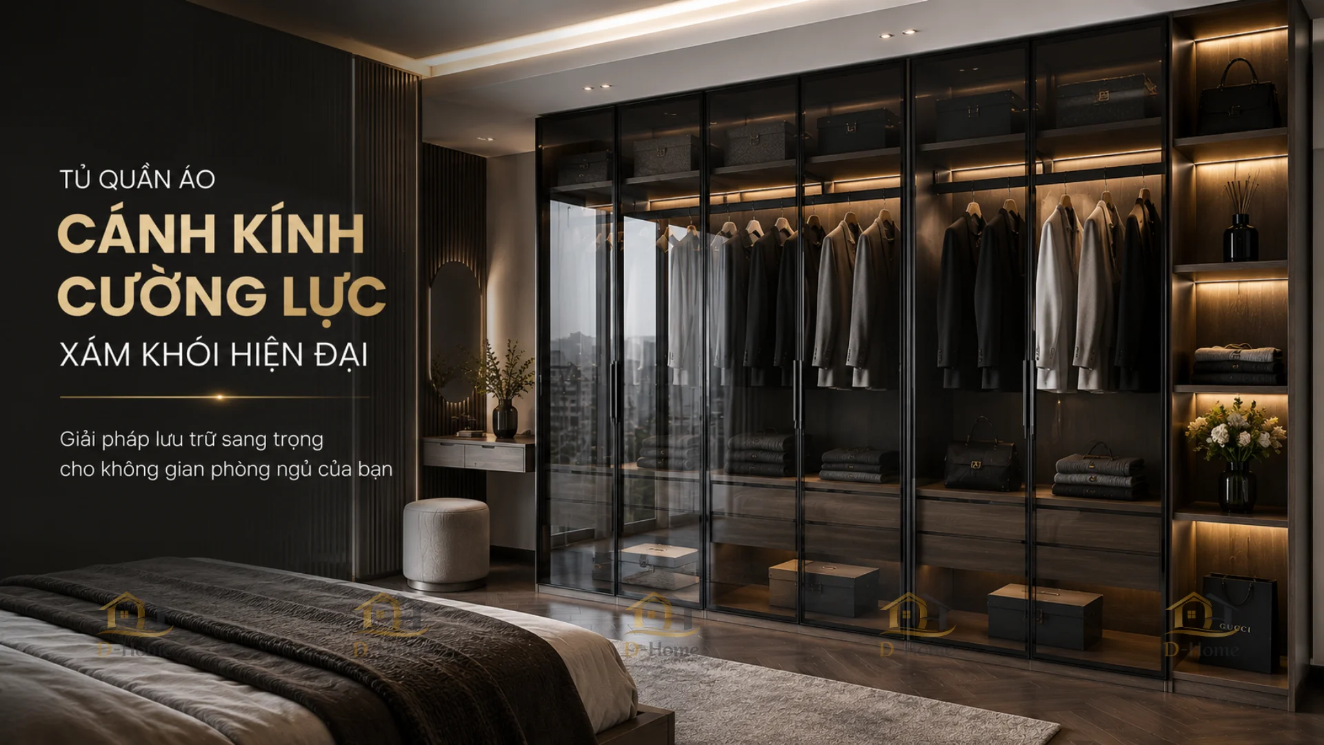 Tủ quần áo cánh kính cường lực xám khói mang đến vẻ đẹp tinh tế sang trọng nên được nhiều khách hàng ưa chuộng tại D-Home