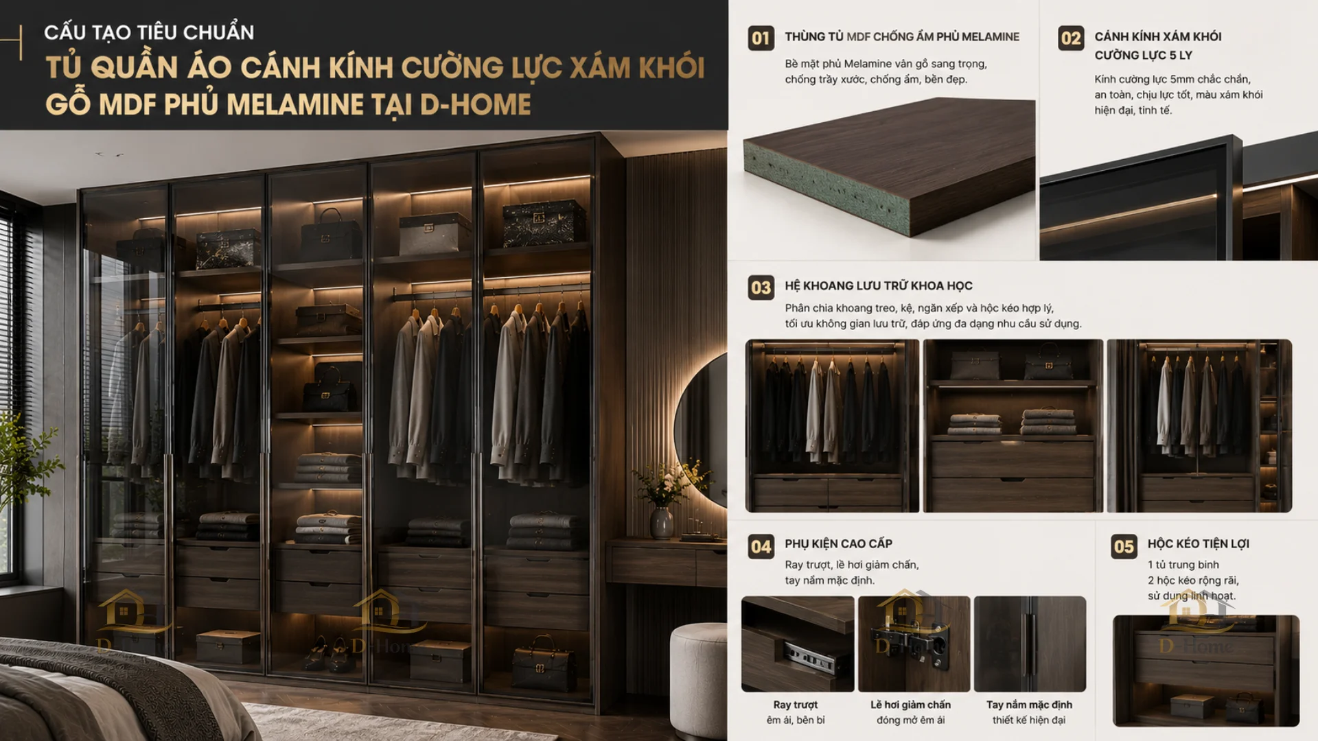 Cấu tạo tủ quần áo gỗ MDF phủ Melamine cánh kính