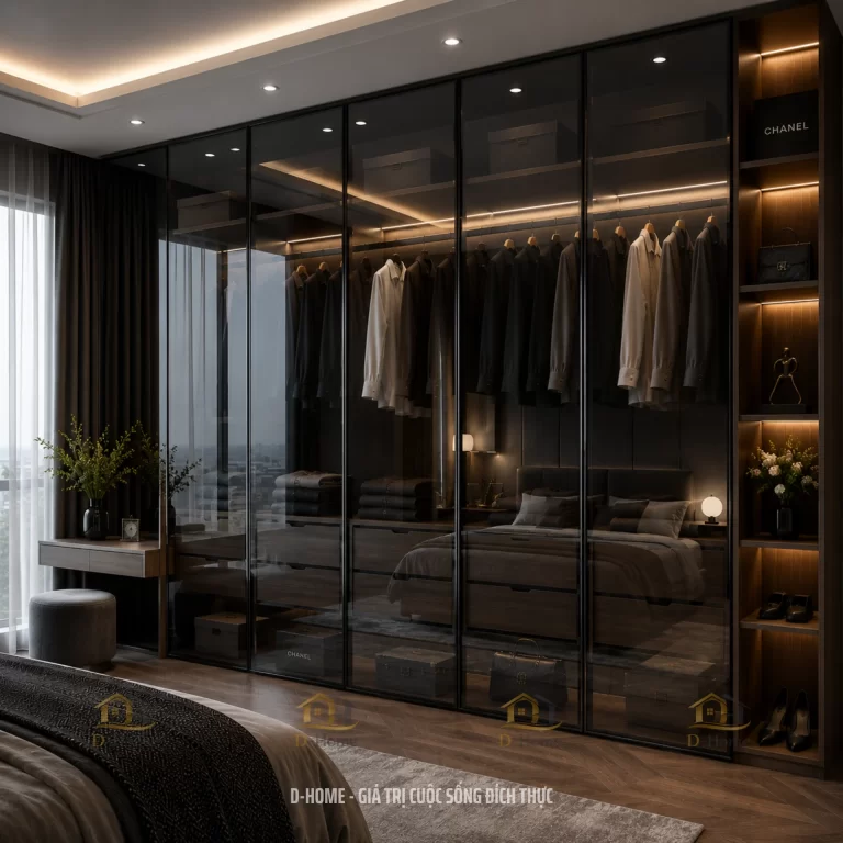 Tủ quần áo cánh kính cường lực xám khói gỗ MDF phủ Melamine