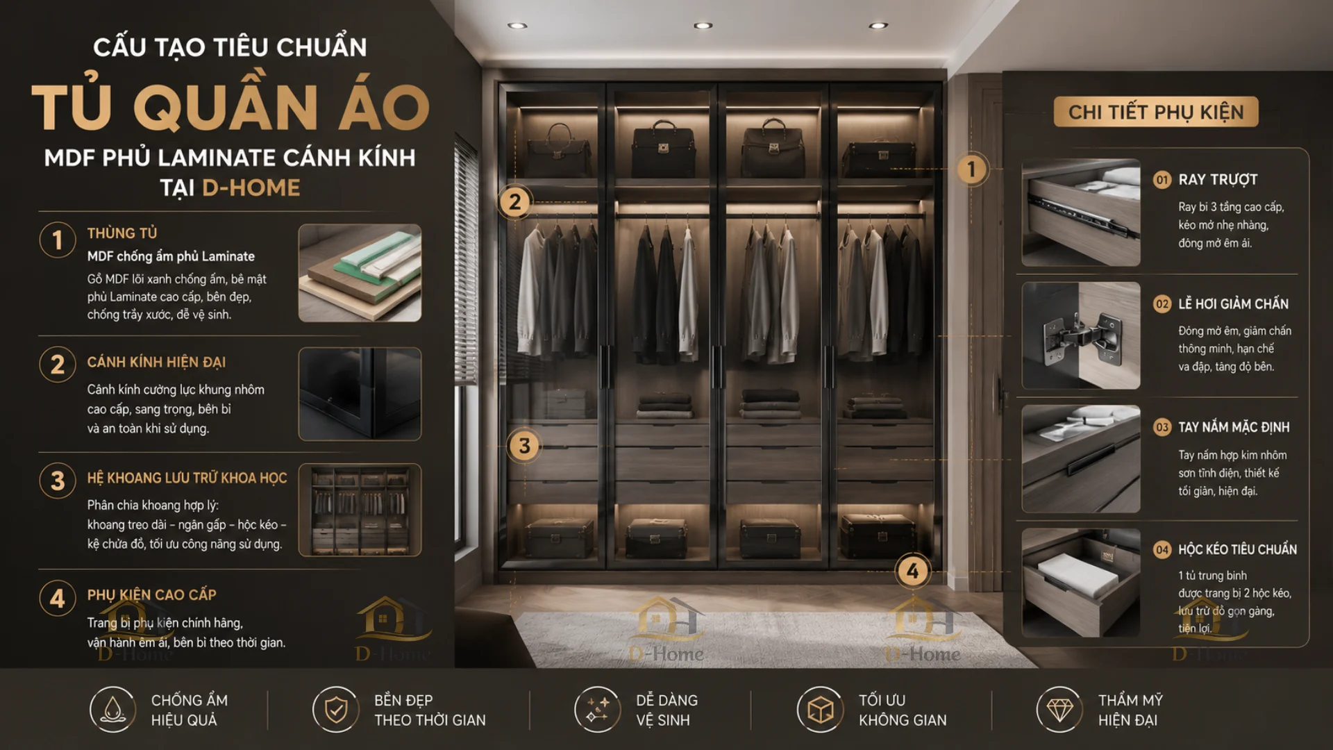 Cấu tạo tiêu chuẩn của tủ quần áo MDF phủ Laminate cánh kính tại D-Home