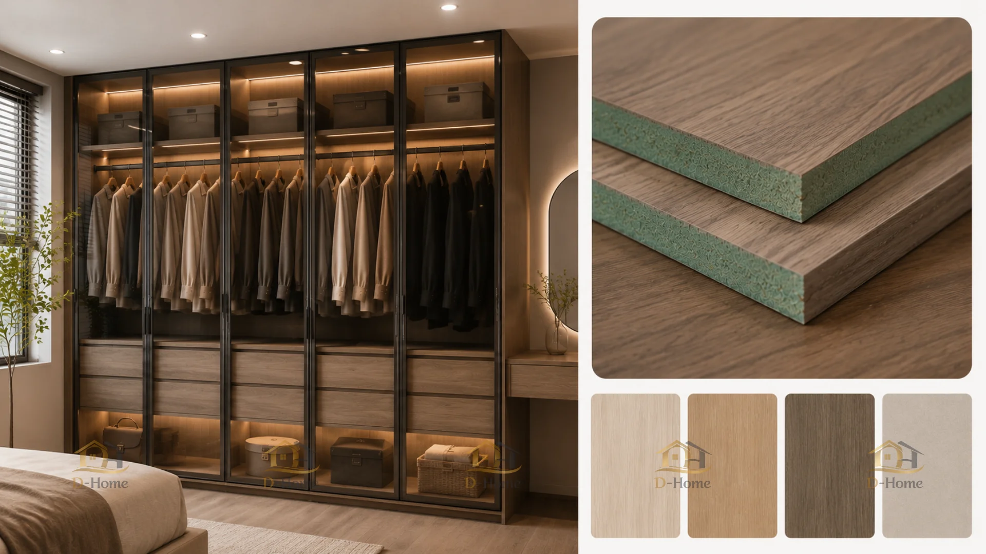 Tủ quần áo làm từ gỗ MDF phủ Melamine giúp tăng khả năng chống trầy xước, chống bám bẩn hạn chế mối mọt