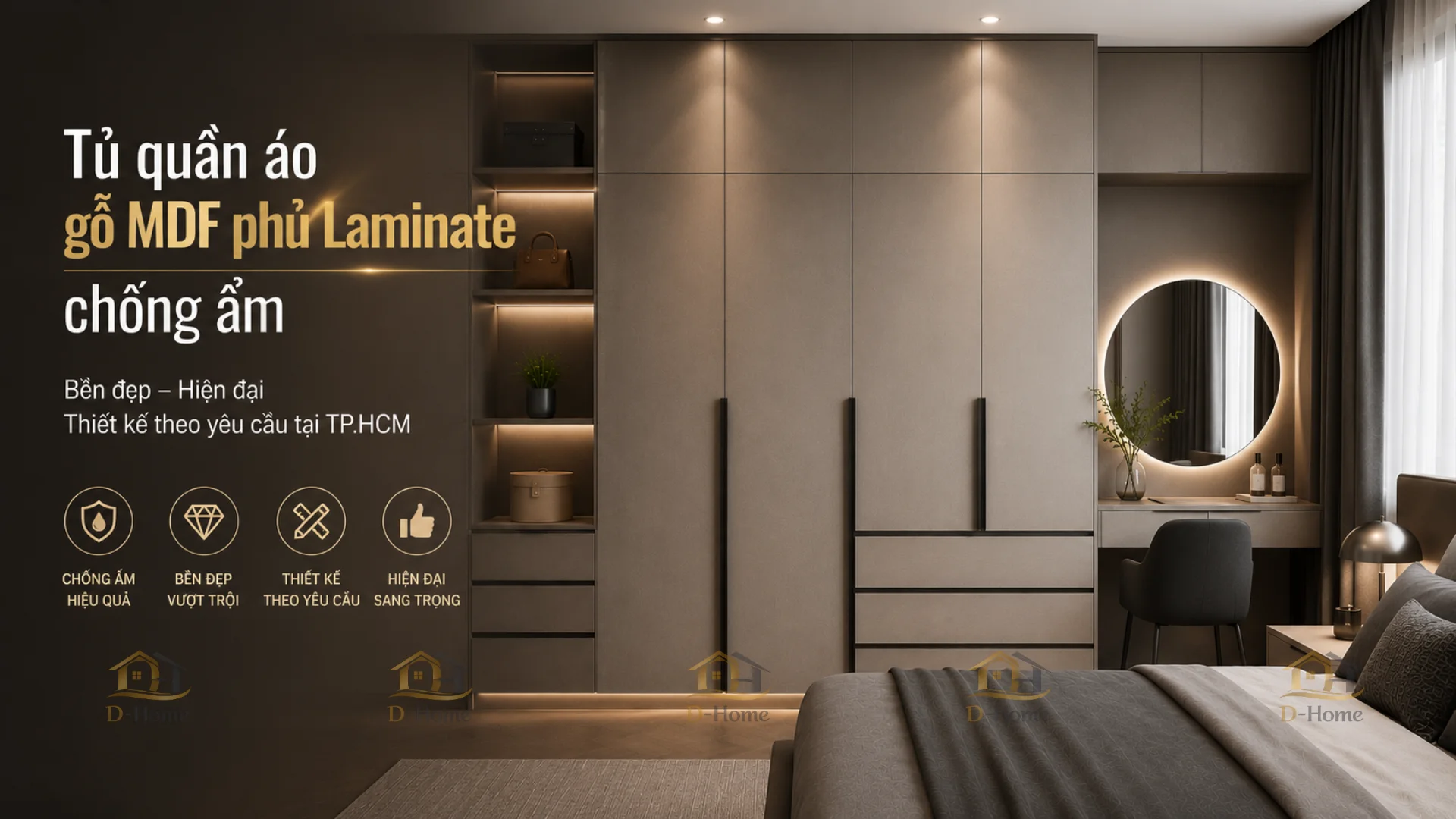 Tủ quần áo gỗ MDF phủ Laminate chống ẩm được nhiều gia đình lựa chọn nhờ kiểu dáng hiện đại, bề mặt bền đẹp