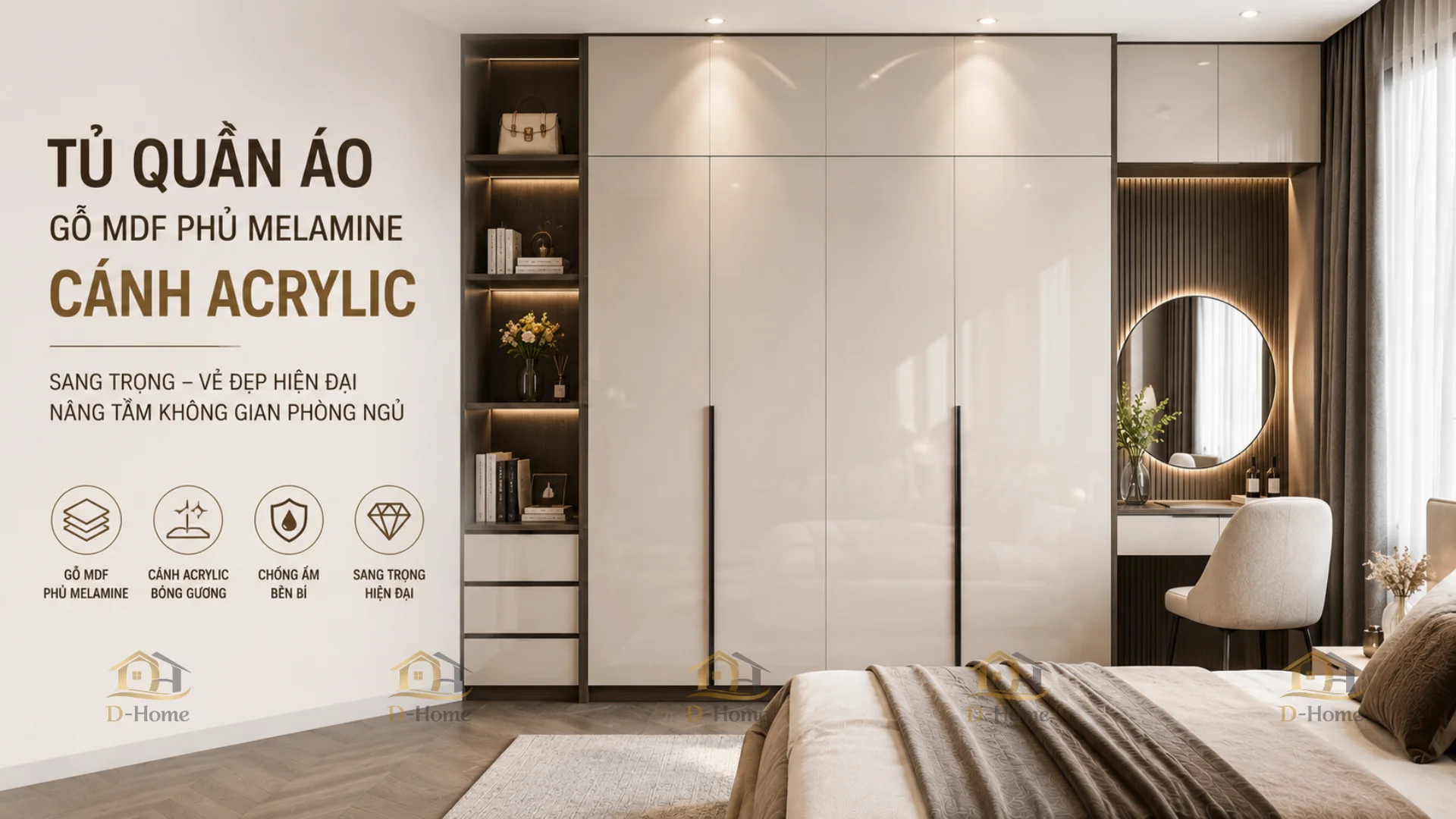 Tủ quần áo gỗ mdf phủ melamine cánh acrylic đẹp báo giá 2026