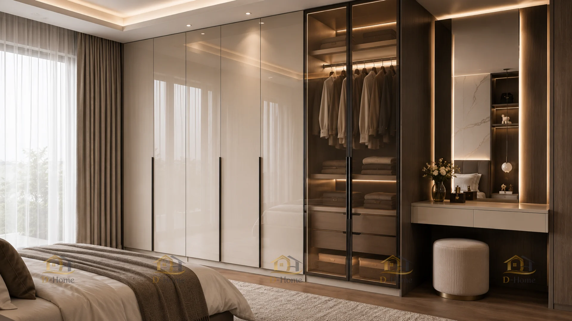 Tủ quần áo gỗ MDF phủ Melamine cánh Acrylic là dòng tủ sử dụng gỗ công nghiệp MDF chống ẩm làm phần thùng, vách ngăn và hệ khoang lưu trữ. Bề mặt bên trong và bên ngoài thùng tủ được phủ Melamine, trong khi phần cánh tủ được hoàn thiện bằng Acrylic An Cường có độ bóng cao