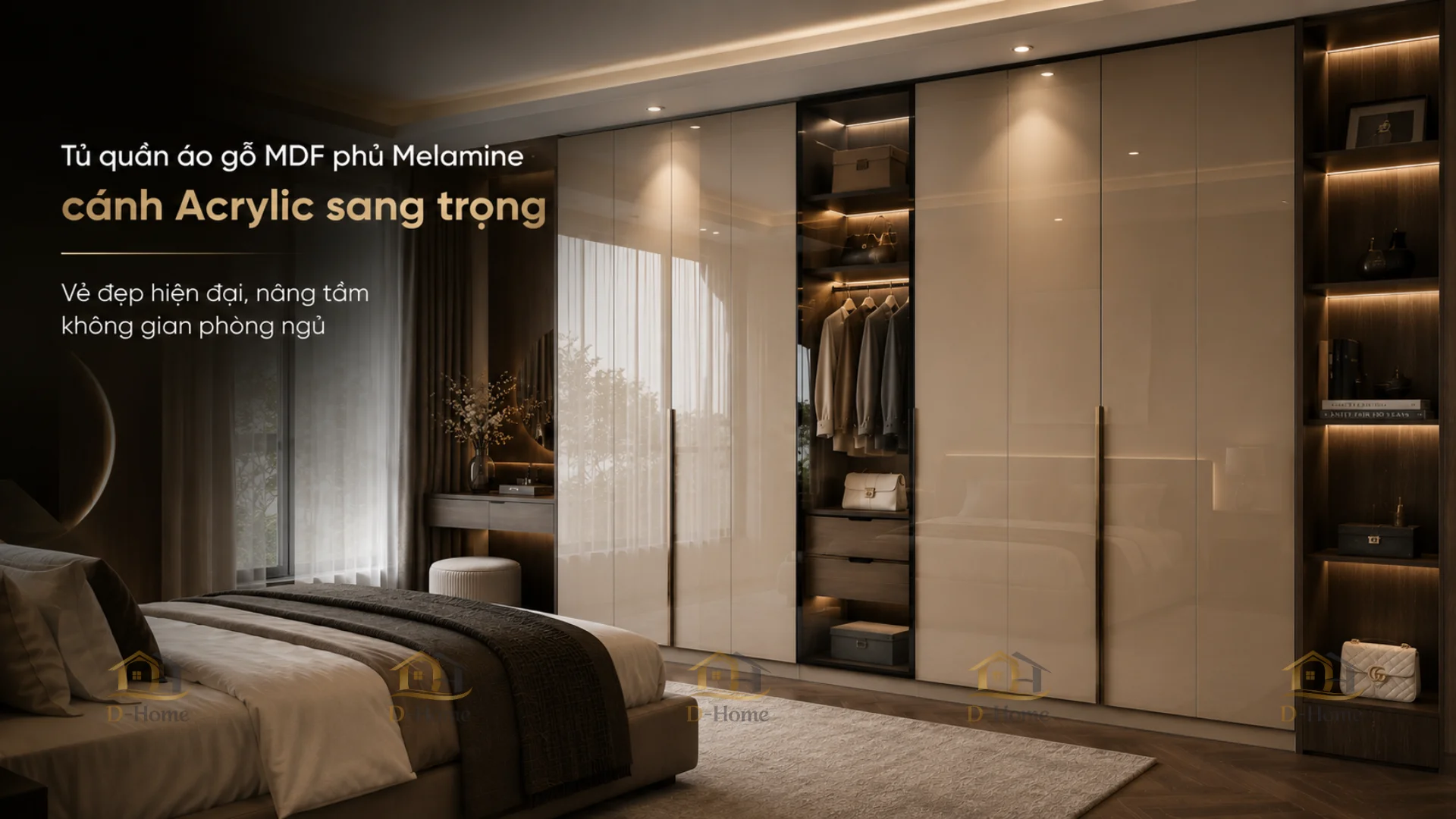 Tủ quần áo gỗ MDF phủ Melamine cánh Acrylic được nhiều người ưa chuộng bởi thiết kế sang trọng 