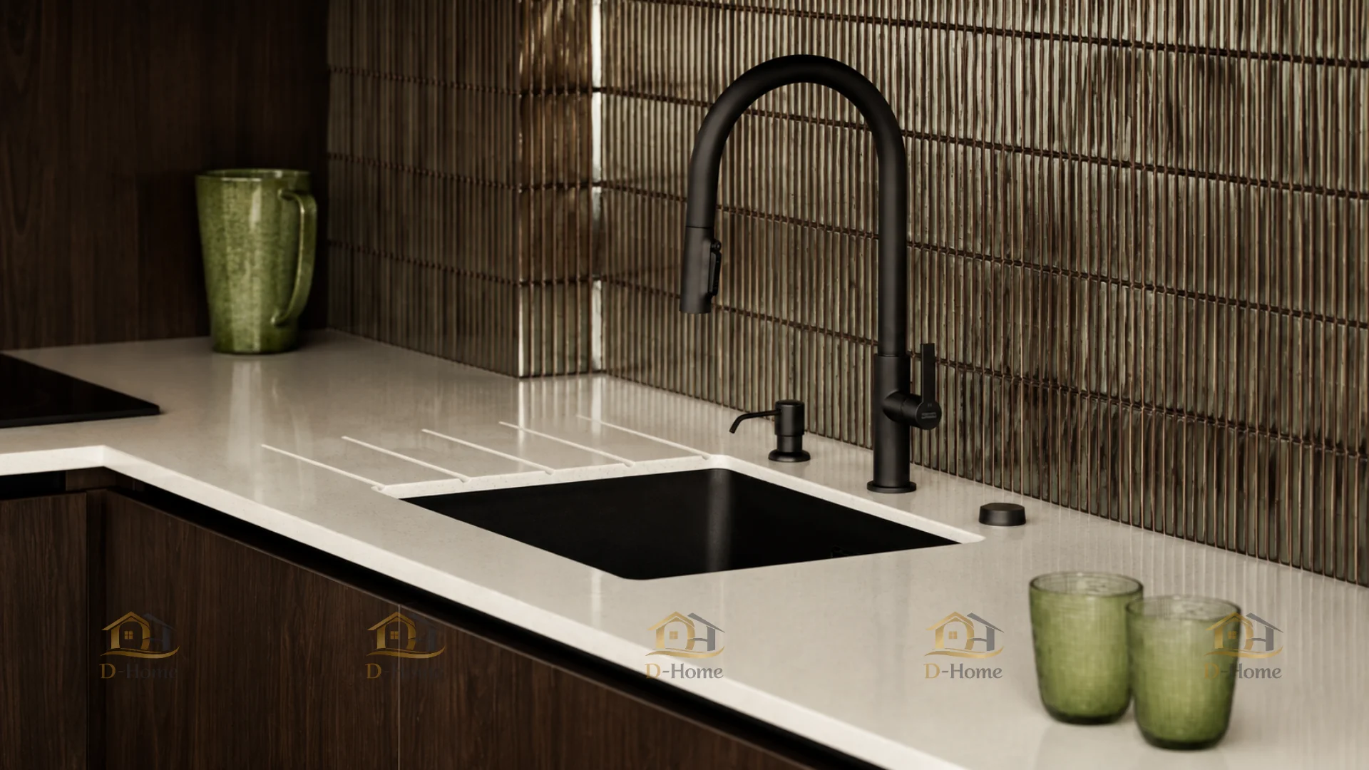 Thi công nội thất phòng bếp nhà phố với hệ tủ gỗ đồng bộ