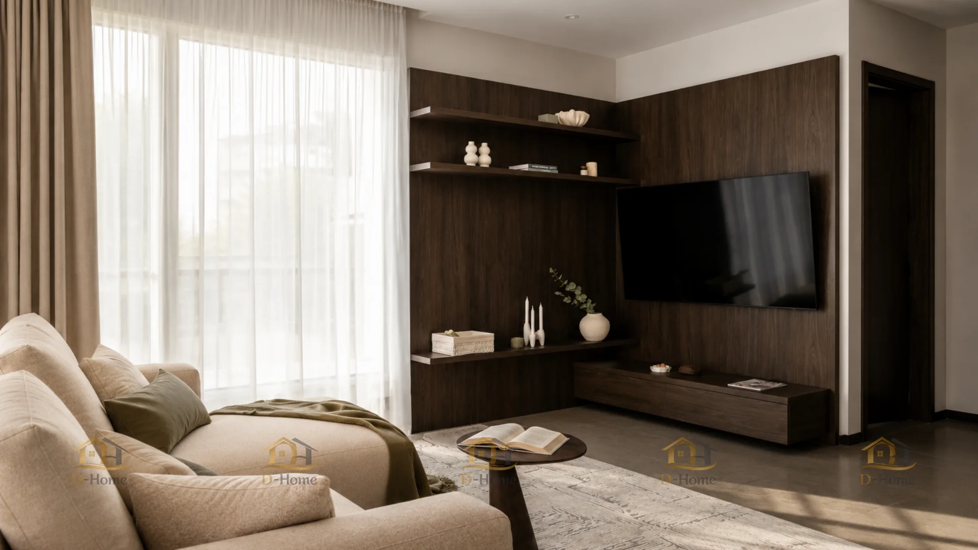 Hệ tường phía sau TV sử dụng tông gỗ nâu trầm, kết hợp các kệ mở để tạo điểm nhấn