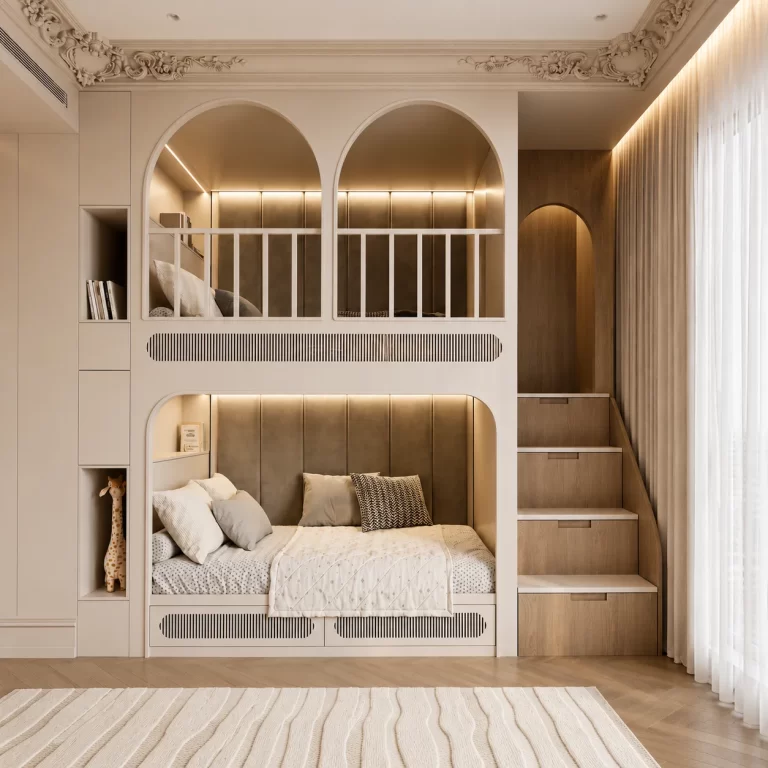 Hoàn thiện nội thất phòng ngủ cho bé trai và gái 40m2 giường tầng - Chị B