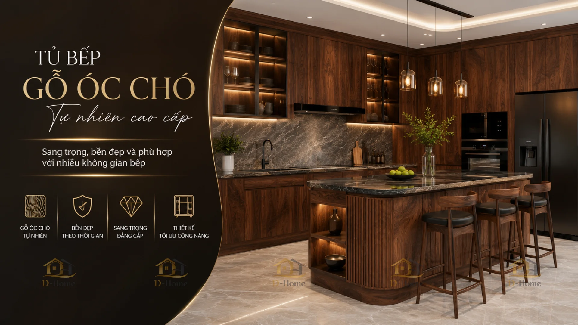 Tủ bếp gỗ Óc Chó là dòng gỗ tự nhiên có màu sắc và đường vân đặc trưng