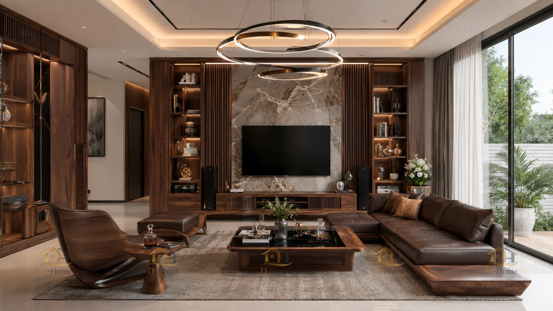 Gỗ óc chó là một trong những lựa chọn được nhiều gia chủ ưa chuộng hiện nay trong thi công nội thất phòng khách