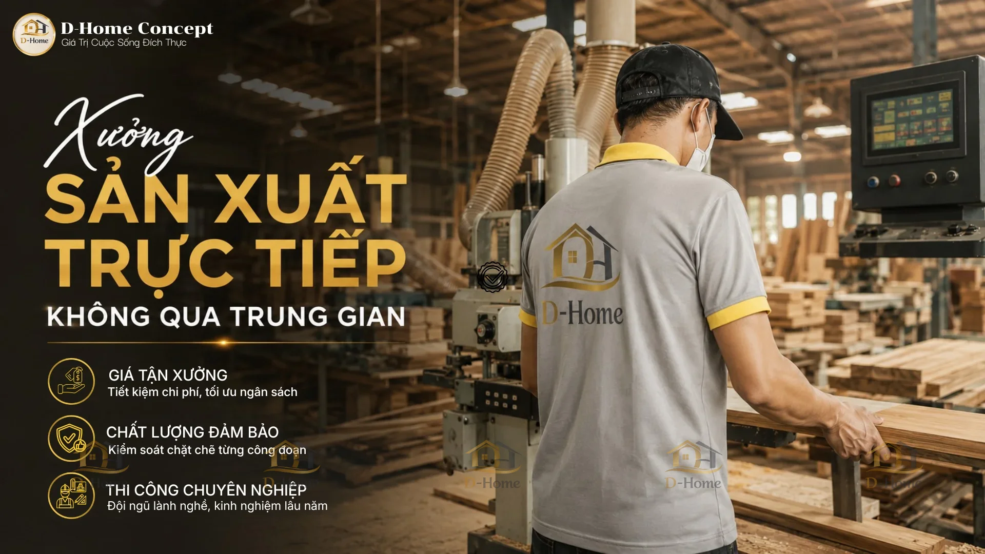 D-Home có xưởng sản xuất nội thất trực tiếp, chủ động gia công nhiều hạng mục như bàn làm việc, tủ hồ sơ, quầy lễ tân