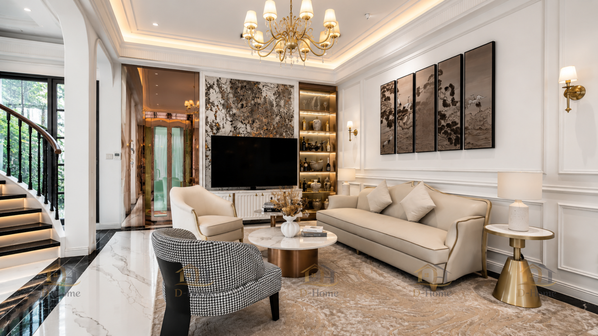 Thiết kế nội thất phòng khách tân cổ điển sang trọng, tinh tế