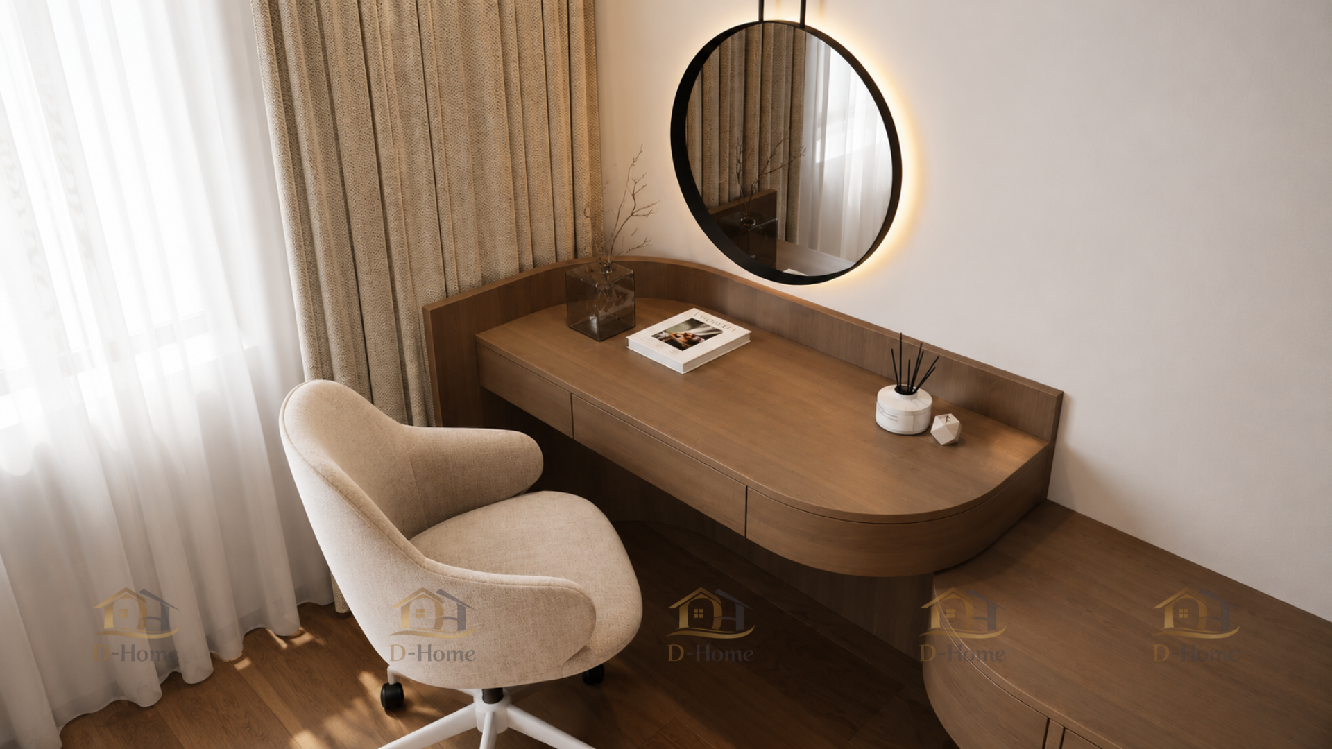 Khu vực bàn trang điểm được bố trí gần cửa sổ, sử dụng bàn gỗ nhỏ gọn kết hợp gương tròn có đèn LED.
