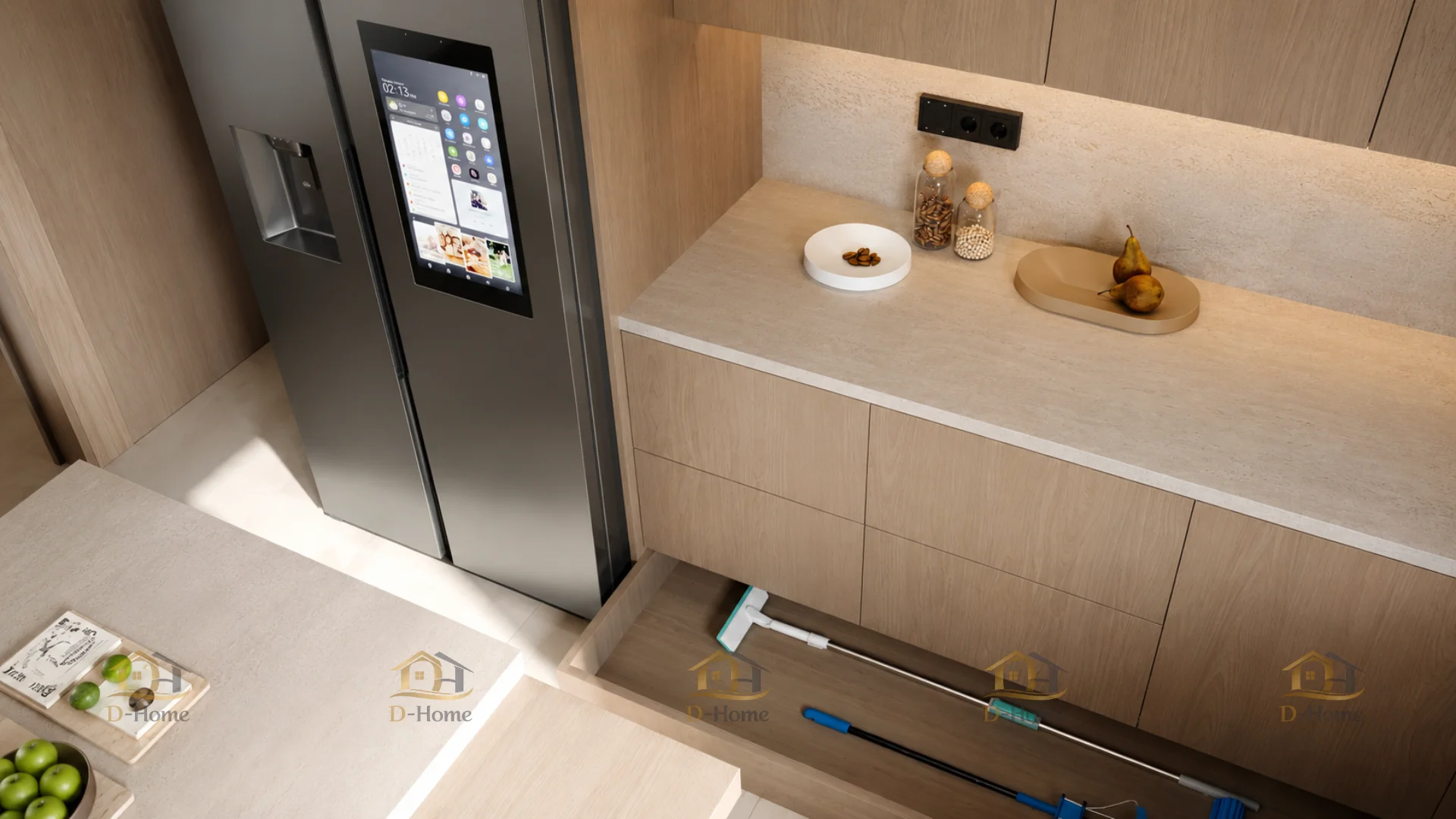Thiết kế nội thất phòng bếp nhà ống hiện đại với gam màu gỗ ấm
