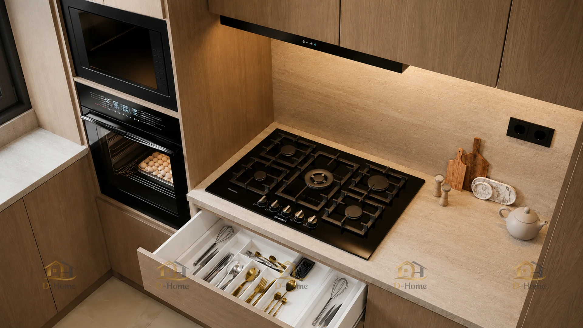 Thiết kế nội thất phòng bếp nhà ống chữ U 45m² phong cách hiện đại