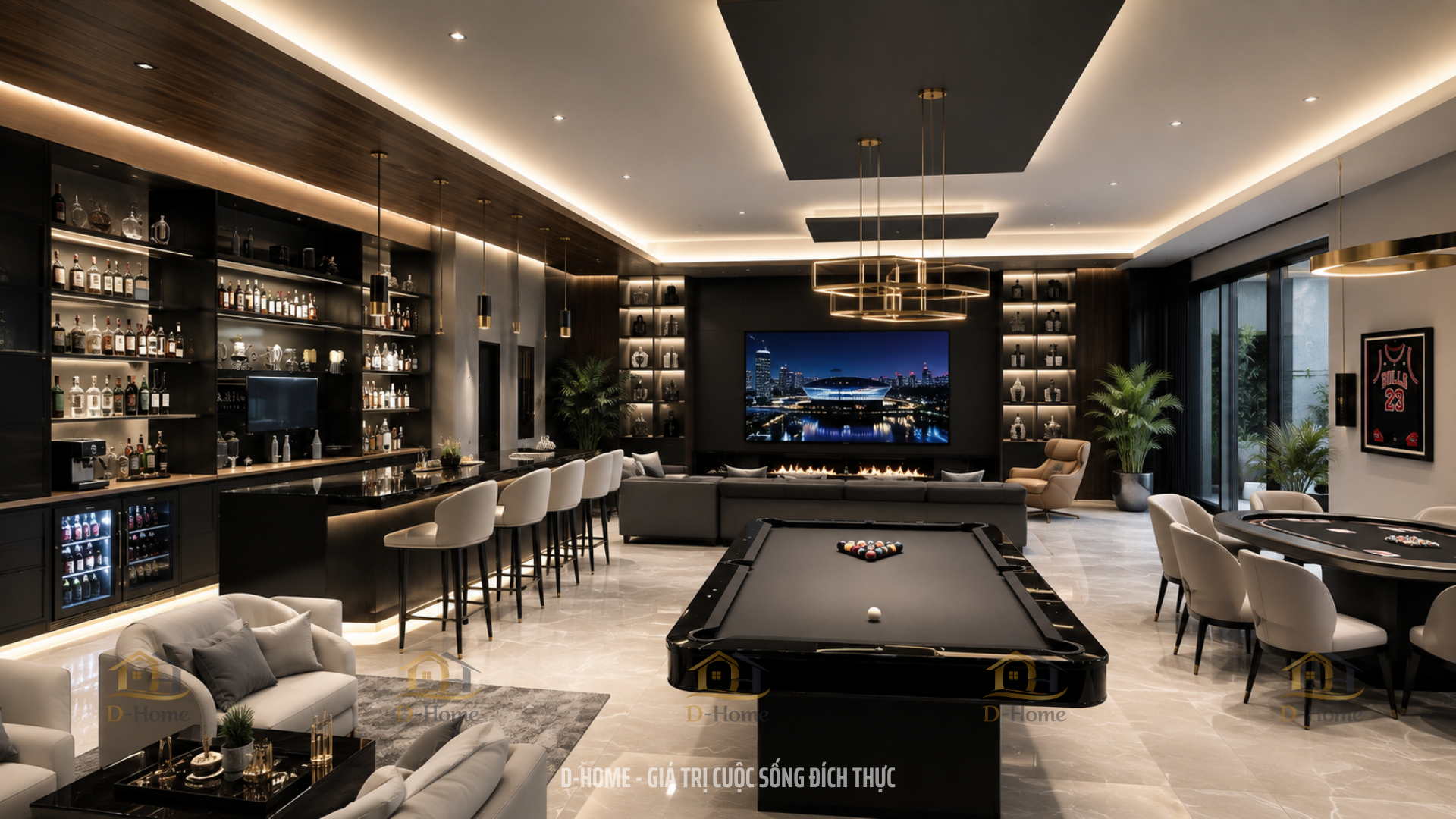 Phòng giải trí đa năng có thể kết hợp khu vực xem phim, nghe nhạc, chơi game, đọc sách hoặc thư giãn trong cùng một không gian