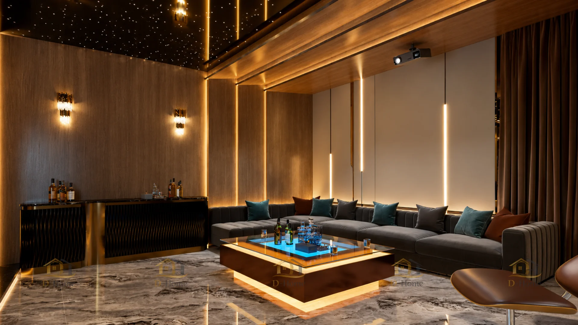 Thiết kế phòng karaoke gia đình hiện đại với gam màu trầm sang trọng