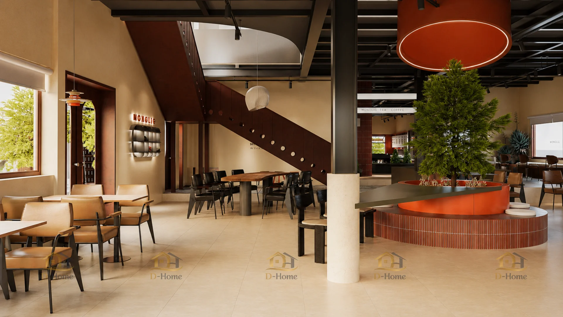 Không gian cafe nổi bật với hệ trần Industrial màu đen