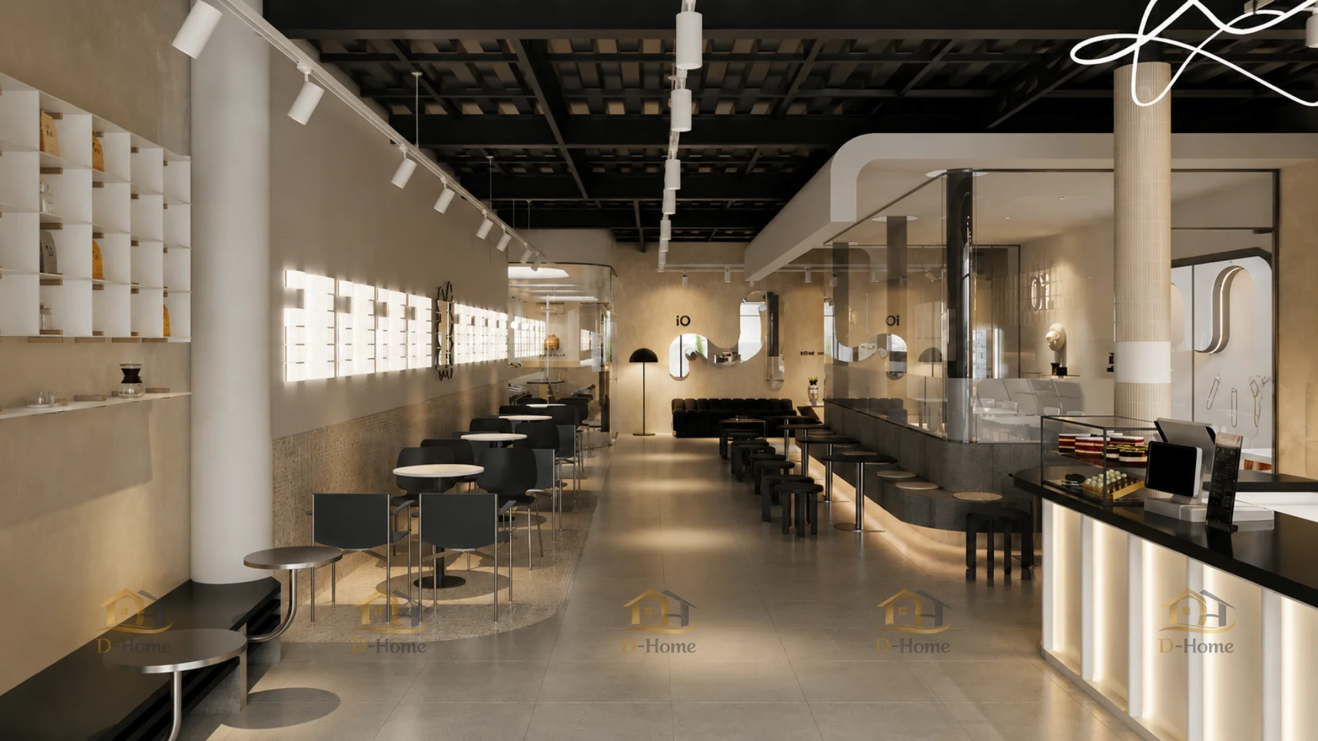 Thiết kế hoàn thiện nội thất quán cafe F&B với bảng màu trung tính