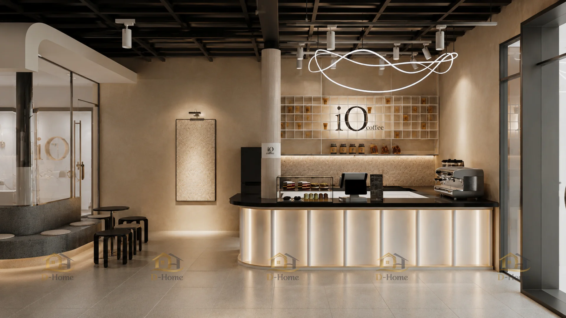 Quầy cafe hiện đại, tối giản và nổi bật