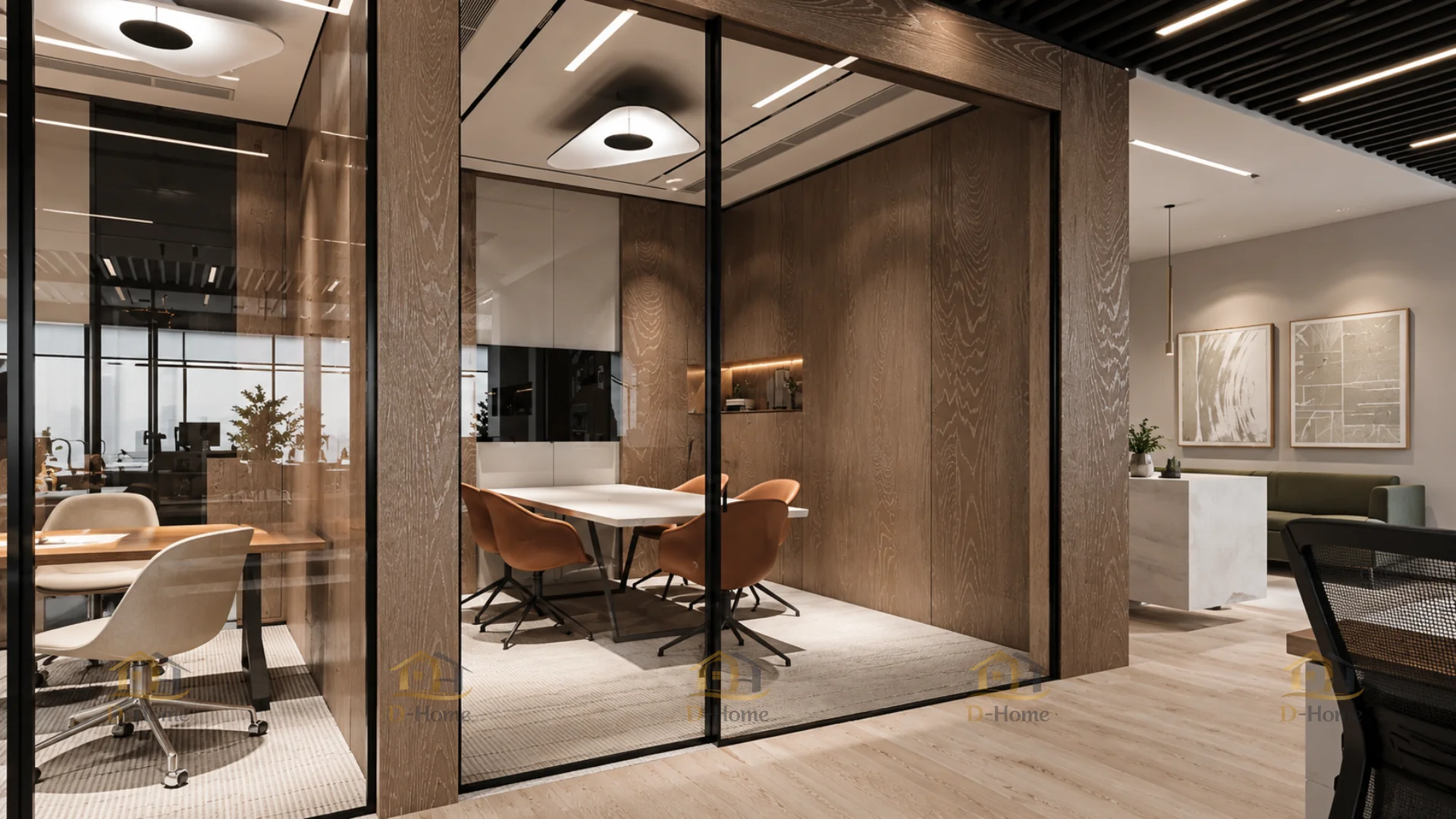 dự án hoàn thiện nội thất văn phòng 400m² được bố trí các phòng làm việc riêng với hệ vách kính khung đen