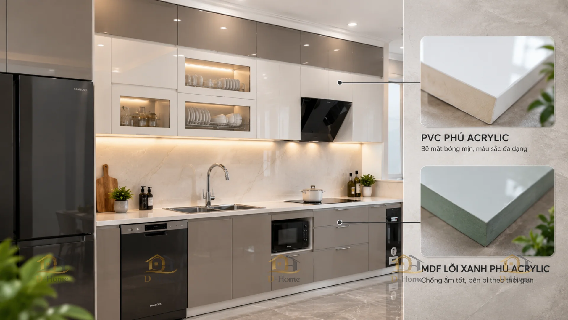 Tủ bếp Acrylic làm bằng nhựa PVC hoặc gỗ công nghiệp MDF
