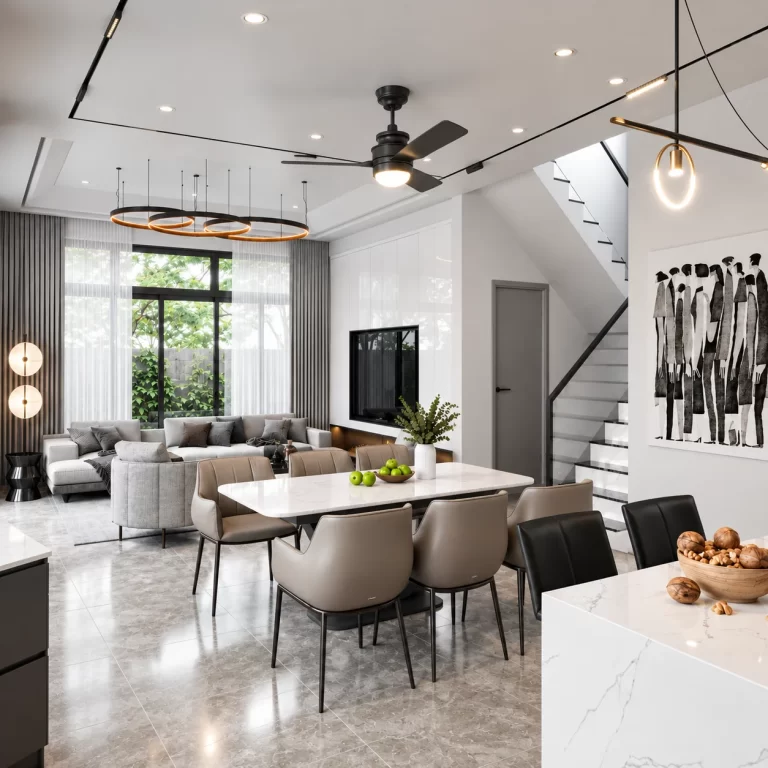 Hoàn thiện nội thất phòng khách liền bếp biệt thự hiện đại - Anh C