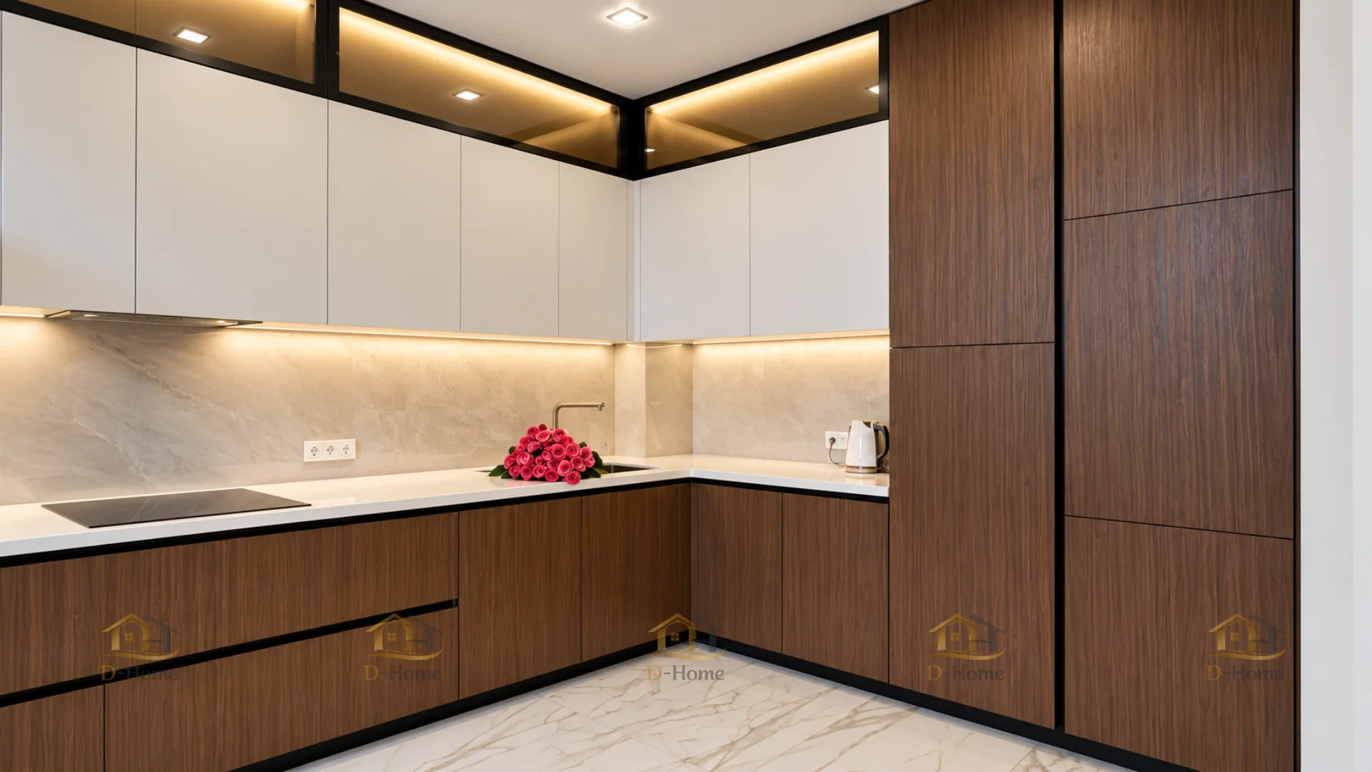 Thiết kế tủ bếp với cánh tủ trắng kết hợp khoang kính tạo điểm nhấn cho phòng bếp