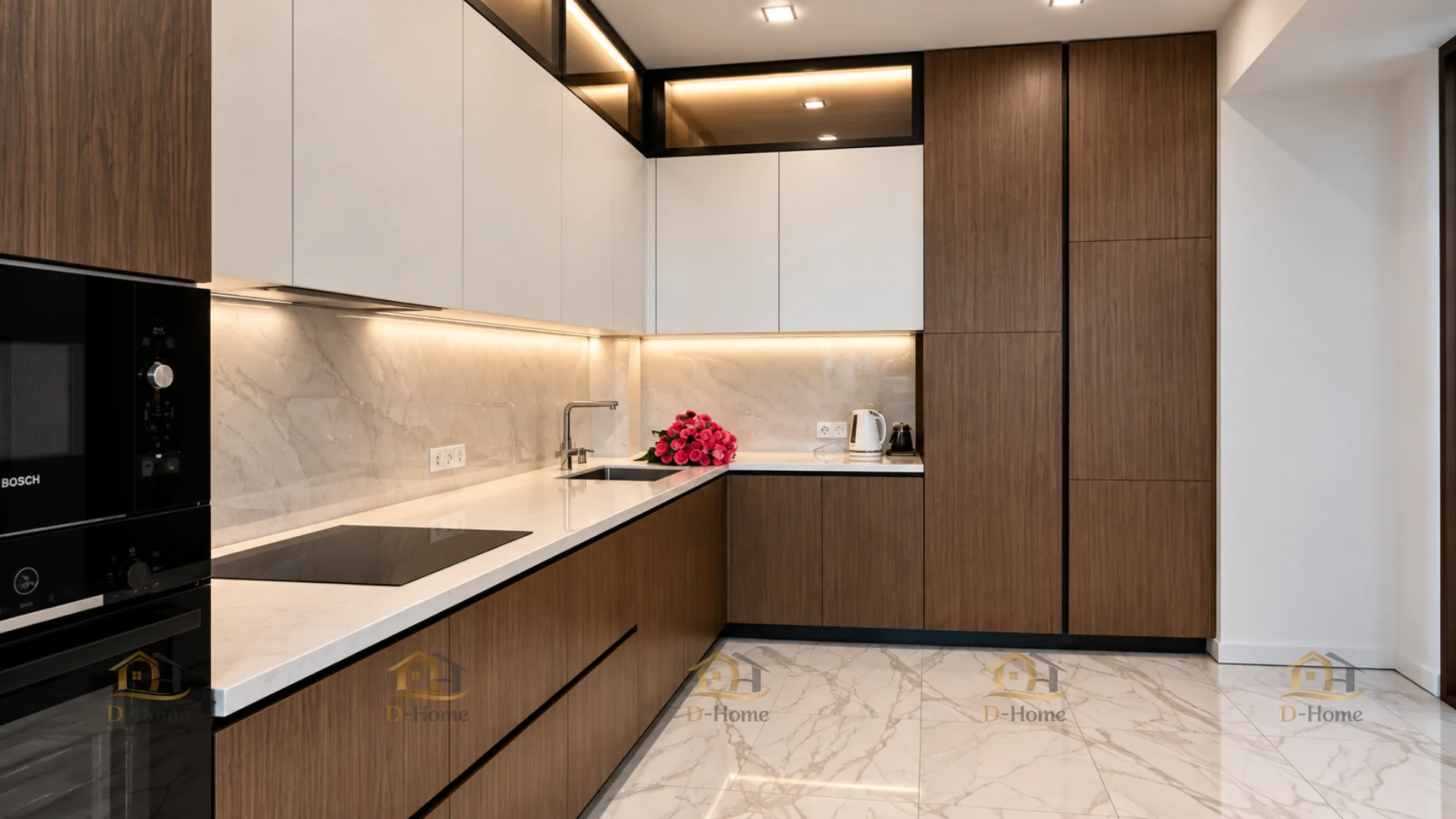 D-Home lựa chọn tủ bếp gỗ công nghiệp chữ L để tận dụng hai mảng tường vuông góc