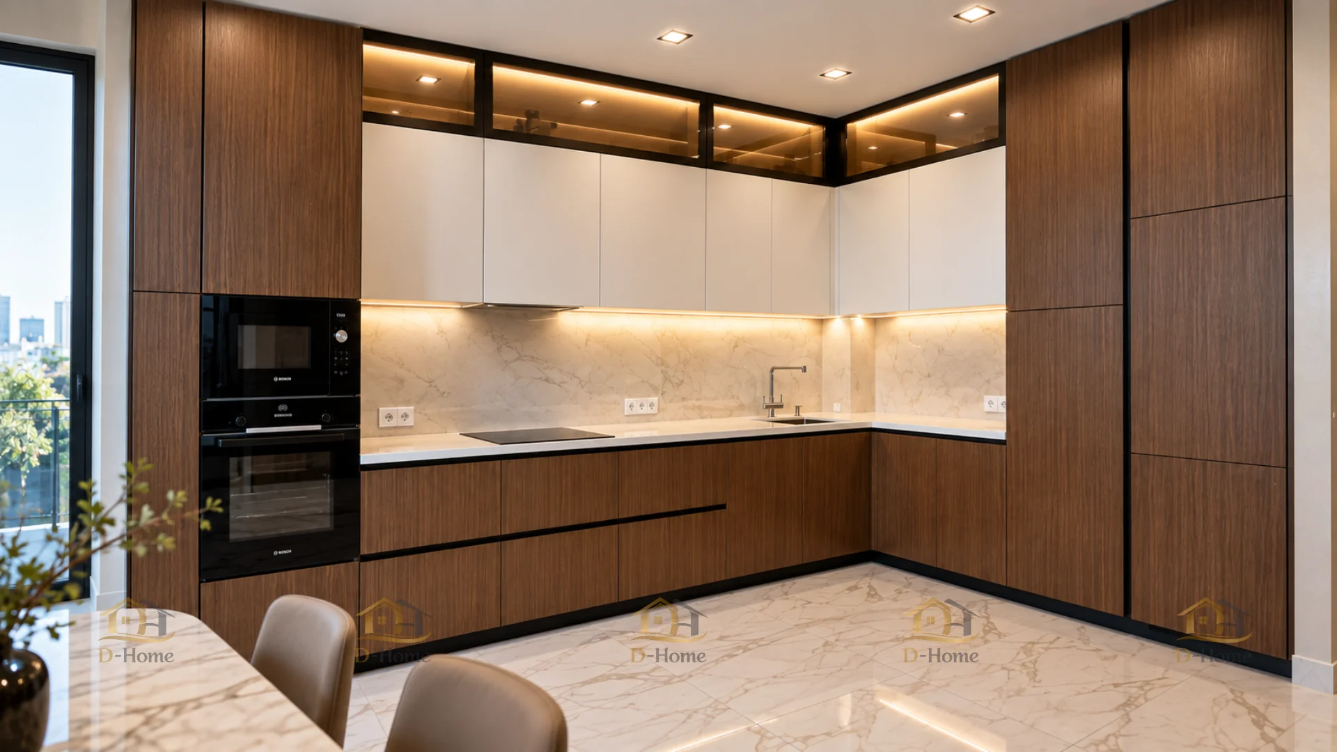 Dự án thi công tủ bếp gỗ công nghiệp chữ L vân gỗ sang trọng cho chung cư - Chị V