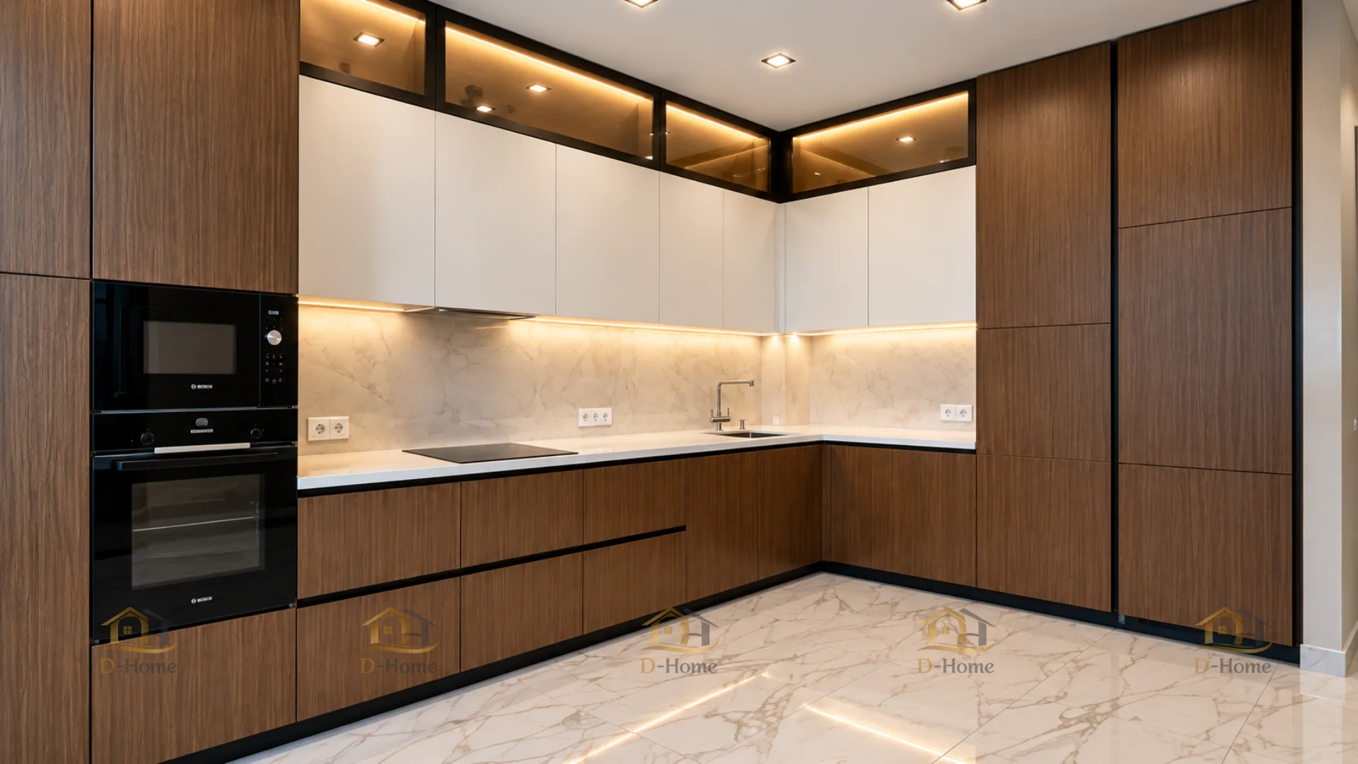 Dự án thi công tủ bếp gỗ công nghiệp chữ L vân gỗ sang trọng cho chung cư - Chị V