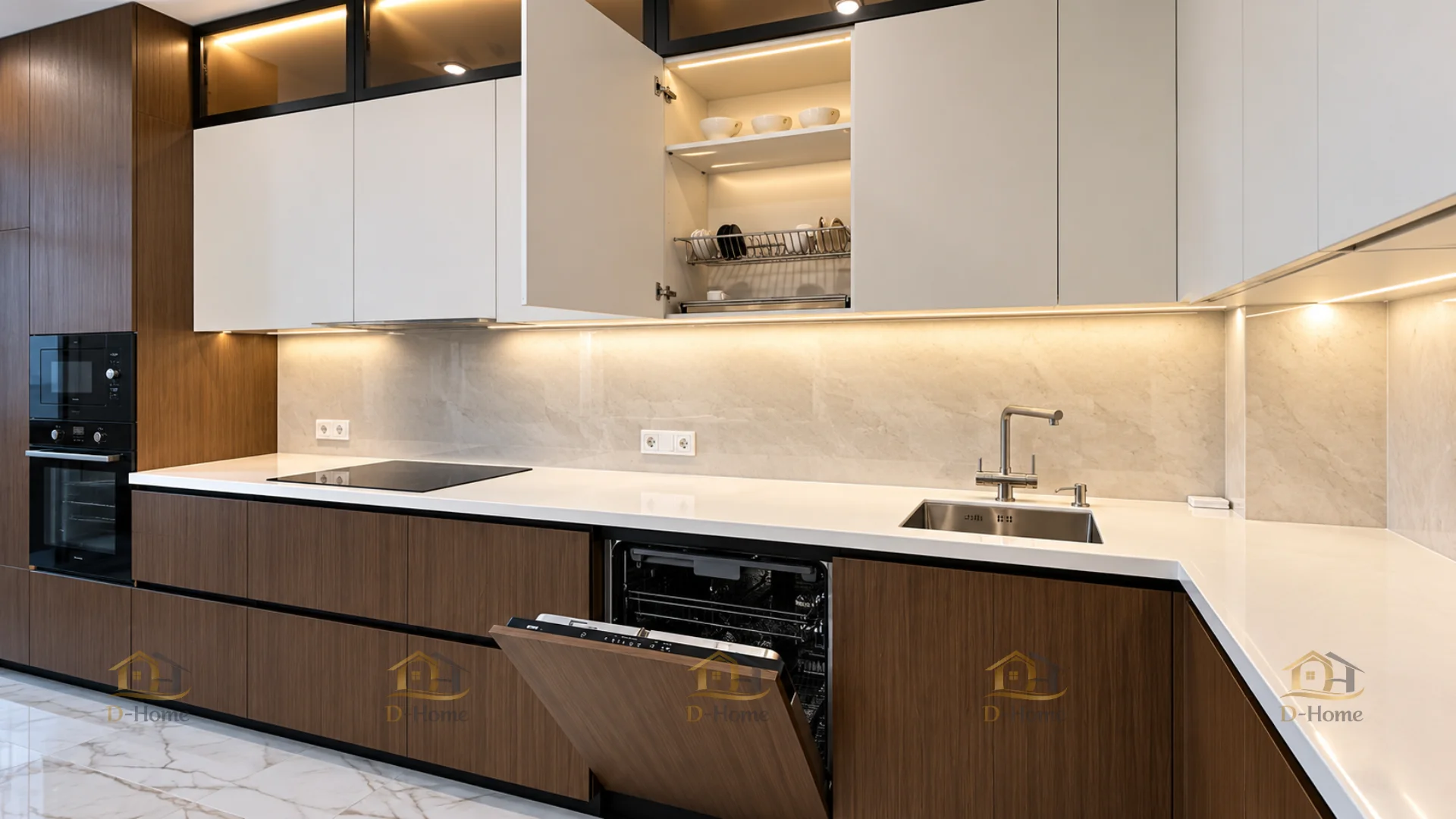 Thiết kế tủ bếp với cánh tủ trắng kết hợp khoang kính tạo điểm nhấn cho phòng bếp