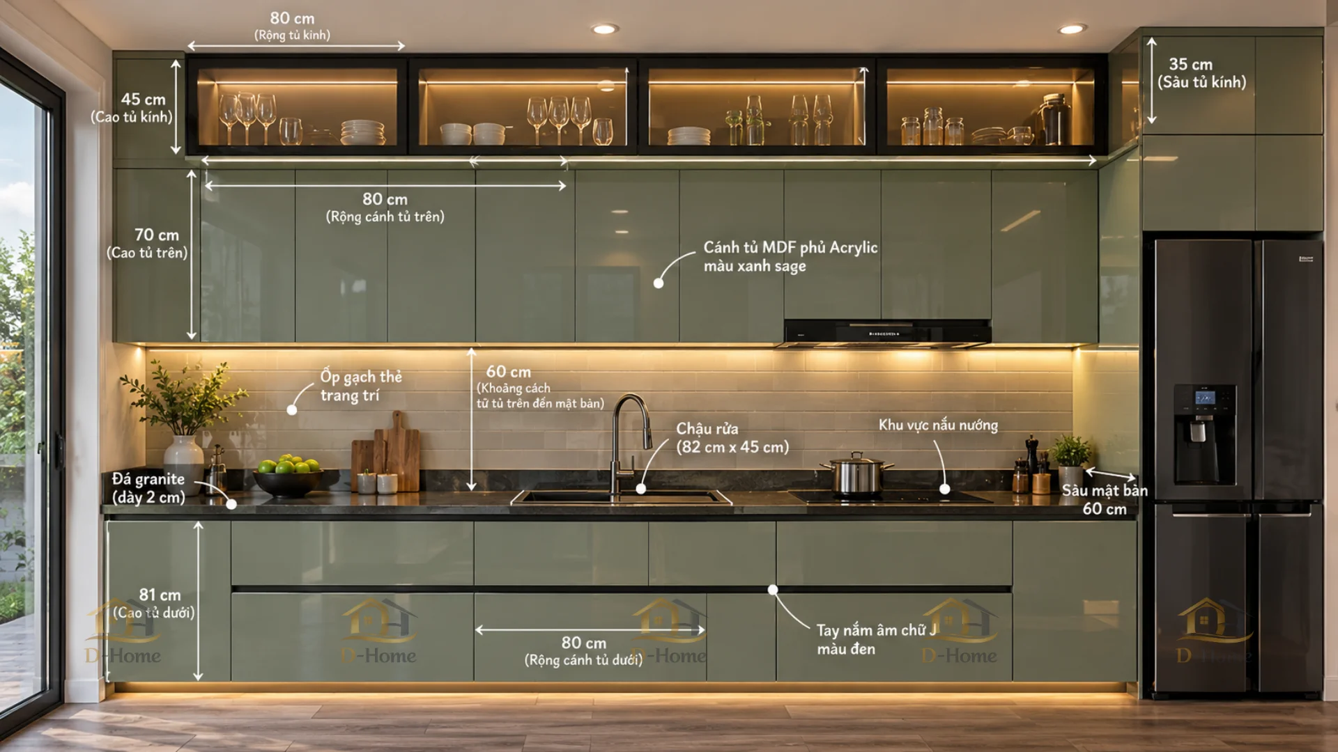 Kích thước tủ bếp nhựa cần được tính toán dựa trên chiều cao người sử dụng, diện tích bếp và vị trí thiết bị