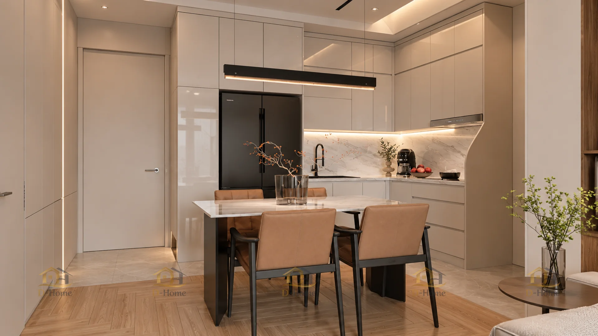 Mẫu tủ bếp Acrylic chữ L bóng gương sang trọng cho chung cư hiện đại