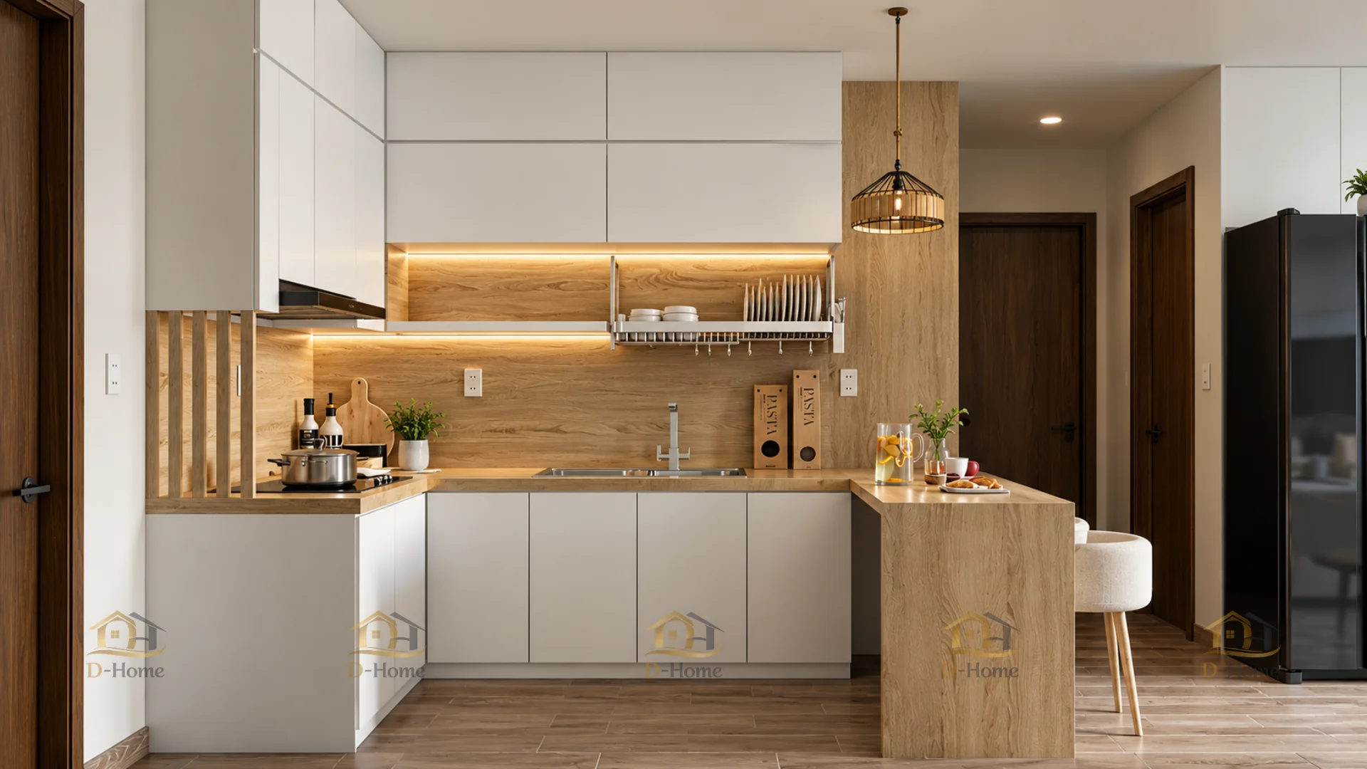 Mẫu tủ bếp đẹp cho chung cư có quầy bar mini