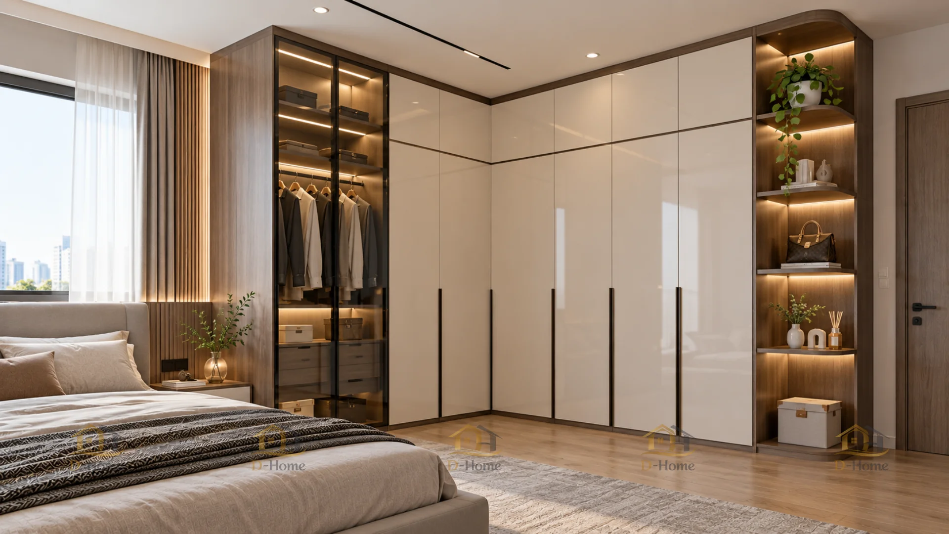 Mẫu tủ quần áo chữ L kết hợp kệ trang trí