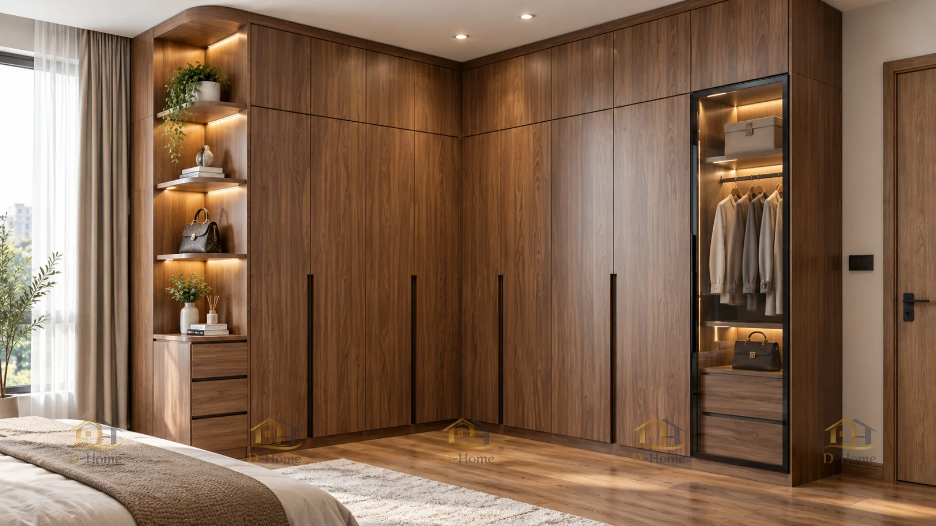 Mẫu tủ quần áo MDF phủ Melamine chữ L màu vân gỗ tự nhiên sang trọng