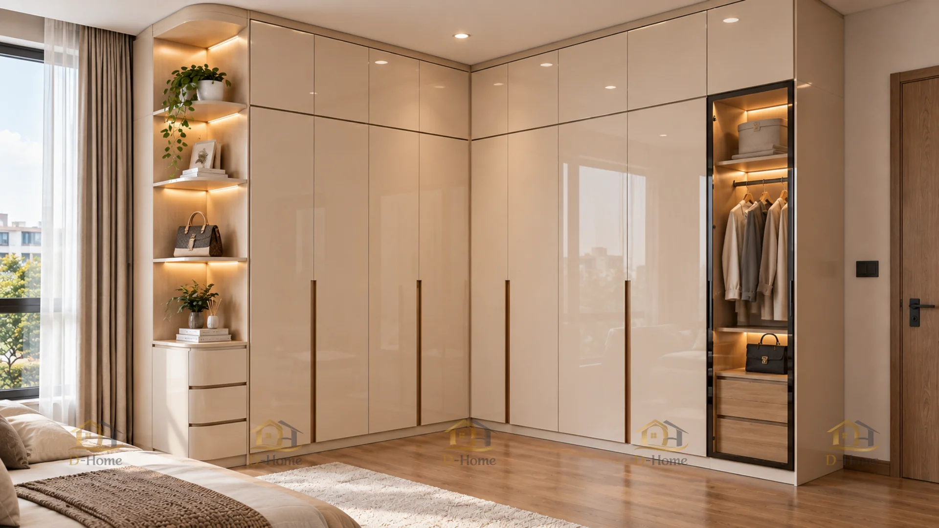 Tủ quần áo MDF phủ Acrylic chữ L nổi bật với bề mặt bóng gương hiện đại