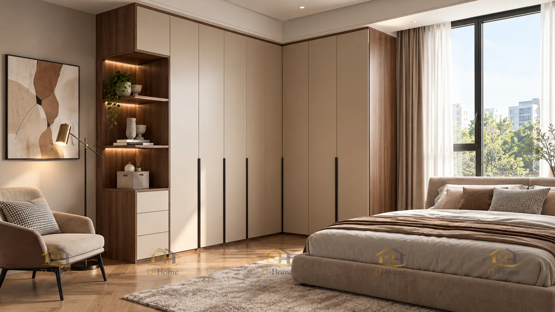 Tủ quần áo chữ L kịch trần tận dụng chiều cao phòng ngủ để tăng không gian lưu trữ